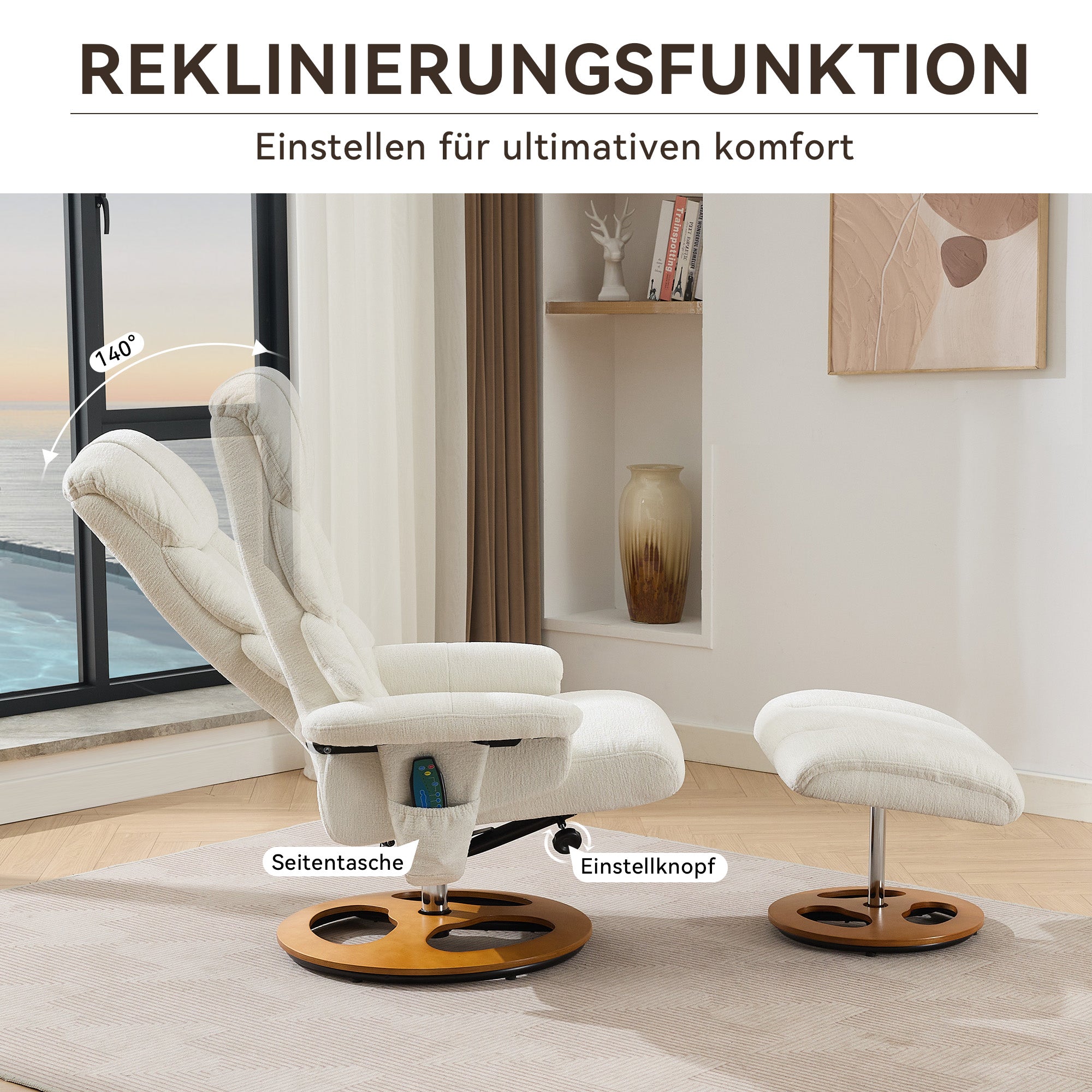 025 Recliner Chair with Massage, Heat, Reclining, Footstool, 360° Rotatable, Chenille Fabric White