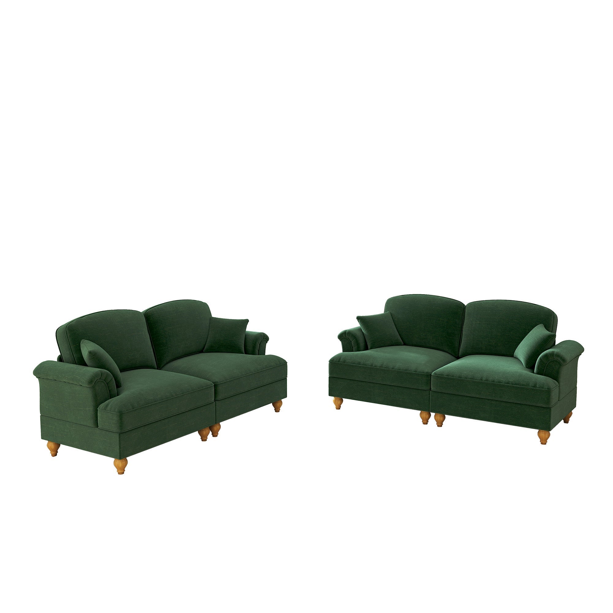 L-Shaped Sofa Mid-Century 2-Seater Movable Ottoman - Green Chenille