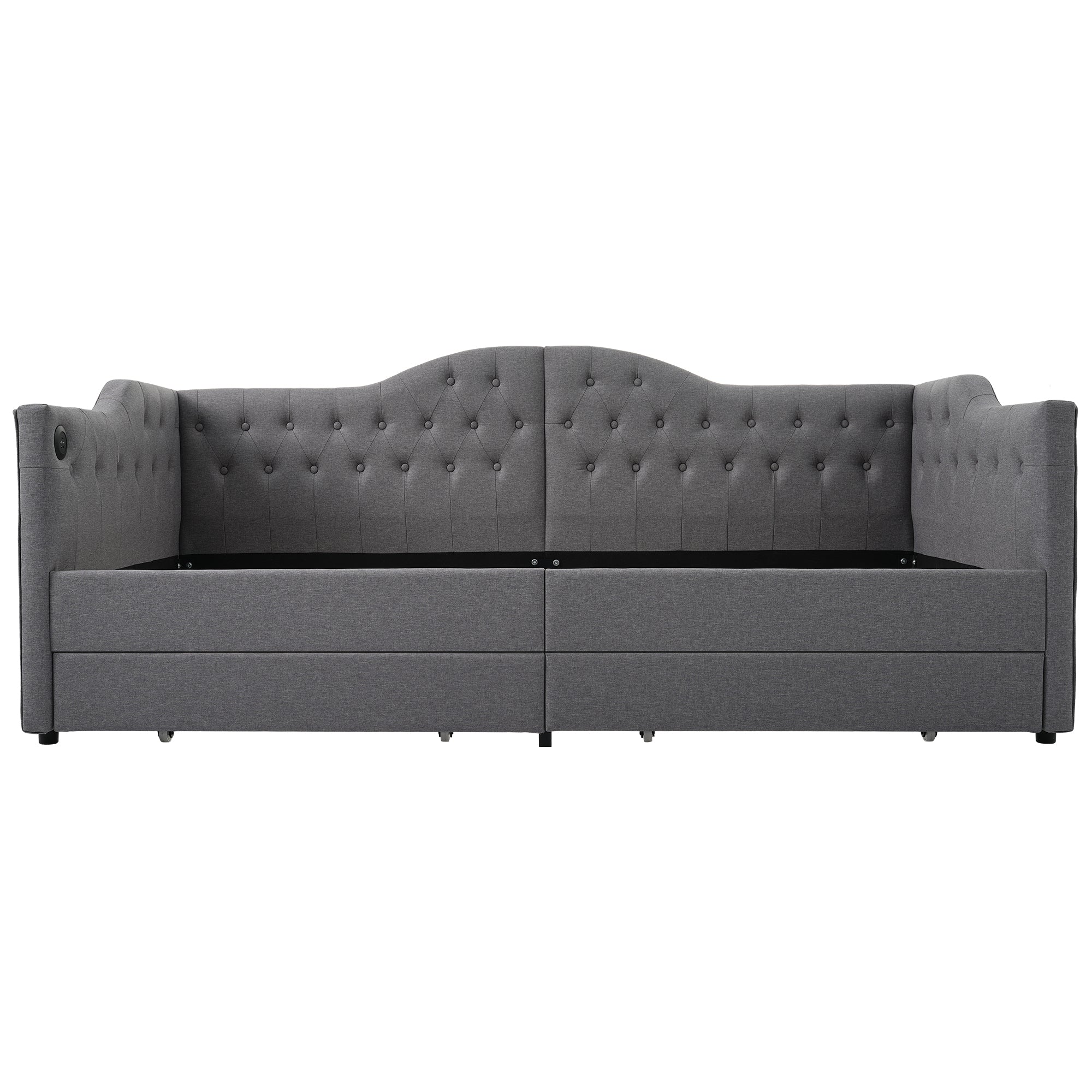 Upholstered Bed Daybed Sofa Bed with USB Type C & 2 Drawers, Grey Linen