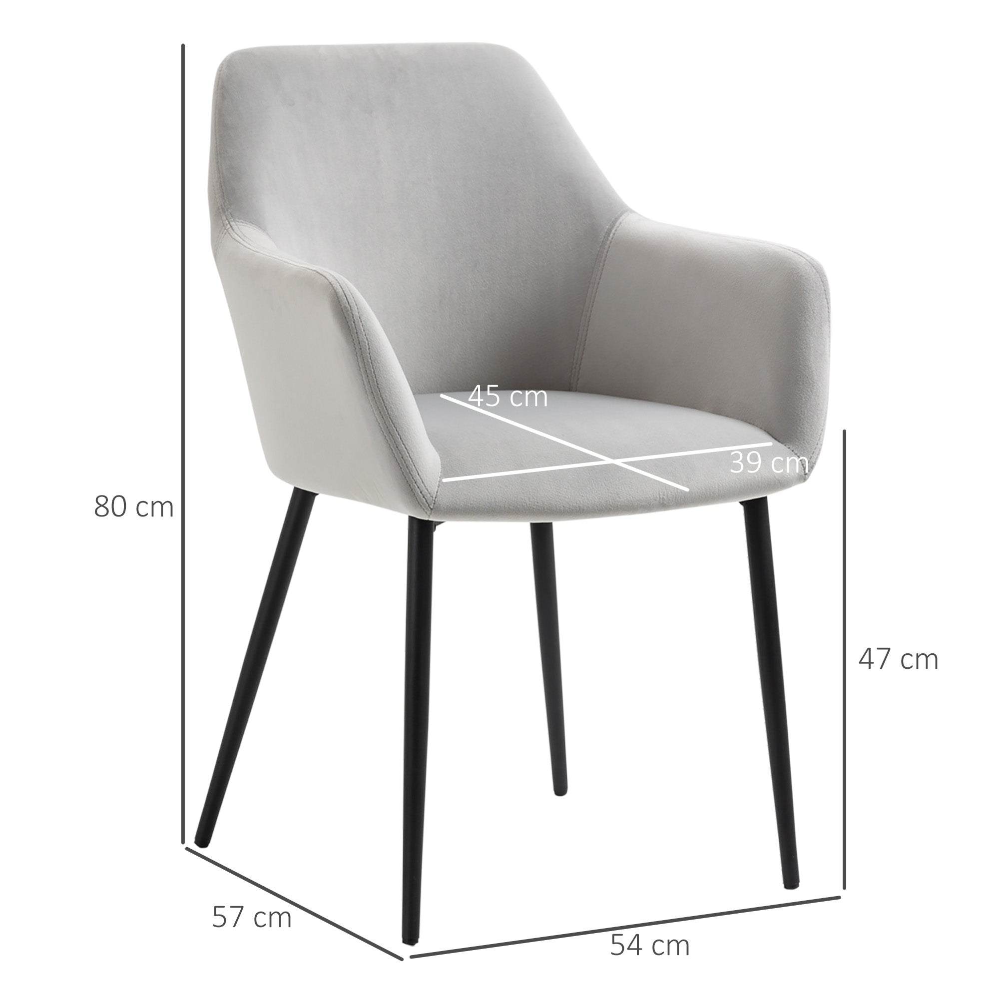 Dining Chairs Set of 2 Upholstered Backrest Steel Legs, Light Gray Velvet Look