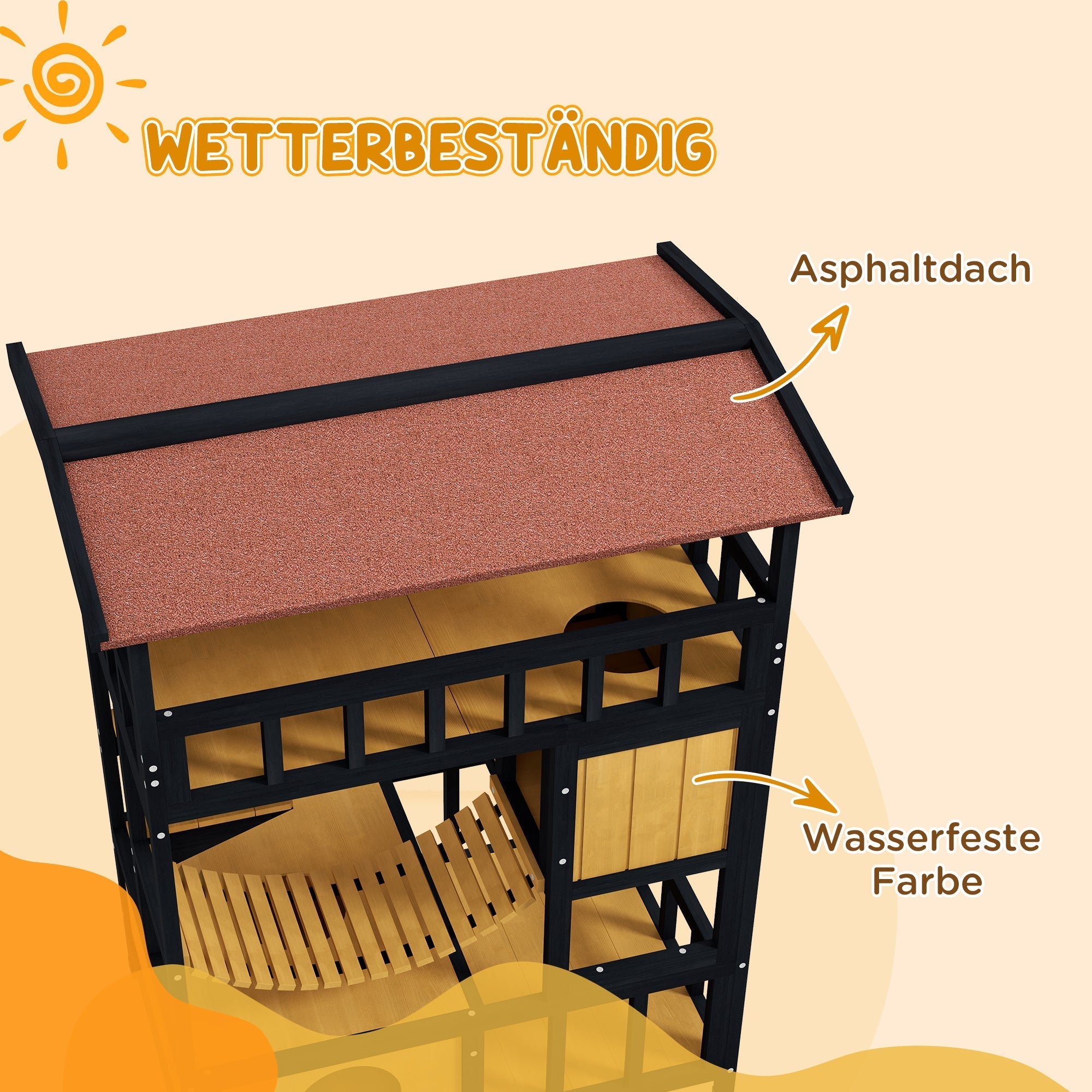 Cat House with Platforms, Hanging Bridge, 2 Cats, Wooden, Yellow