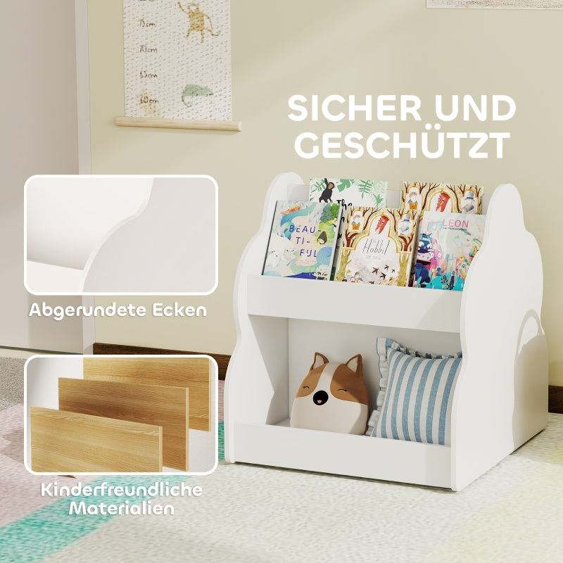 Children's Bookshelf 2-Tier 4 Shelves with Wheels - White