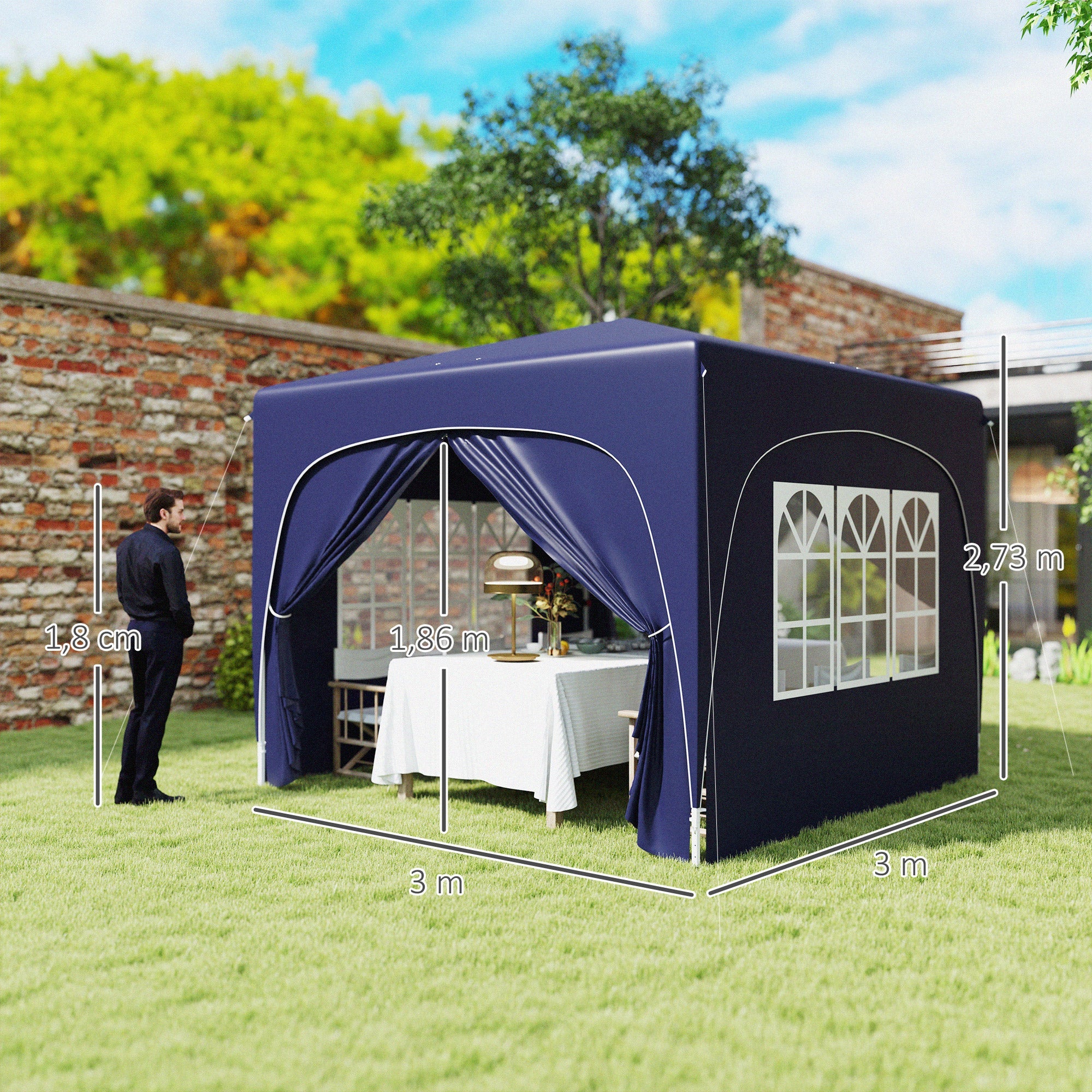 3x3m Gazebo Pop-Up Folding, Water-Repellent, UV 50+, 4 Side Panels, Dark Blue
