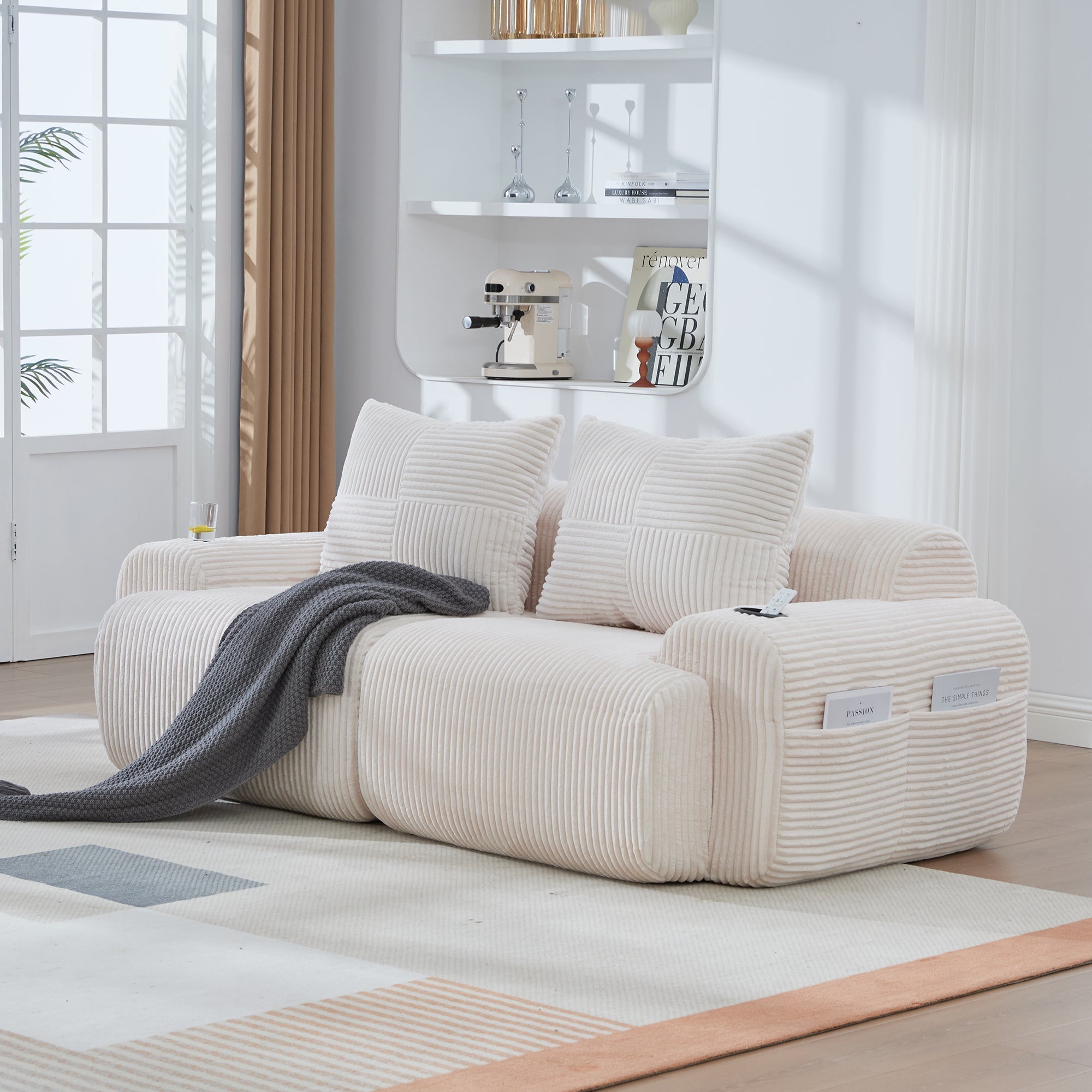 Modular 2-Seater Sofa with Cup Holder and Side Storage Pocket, Beige Corduroy