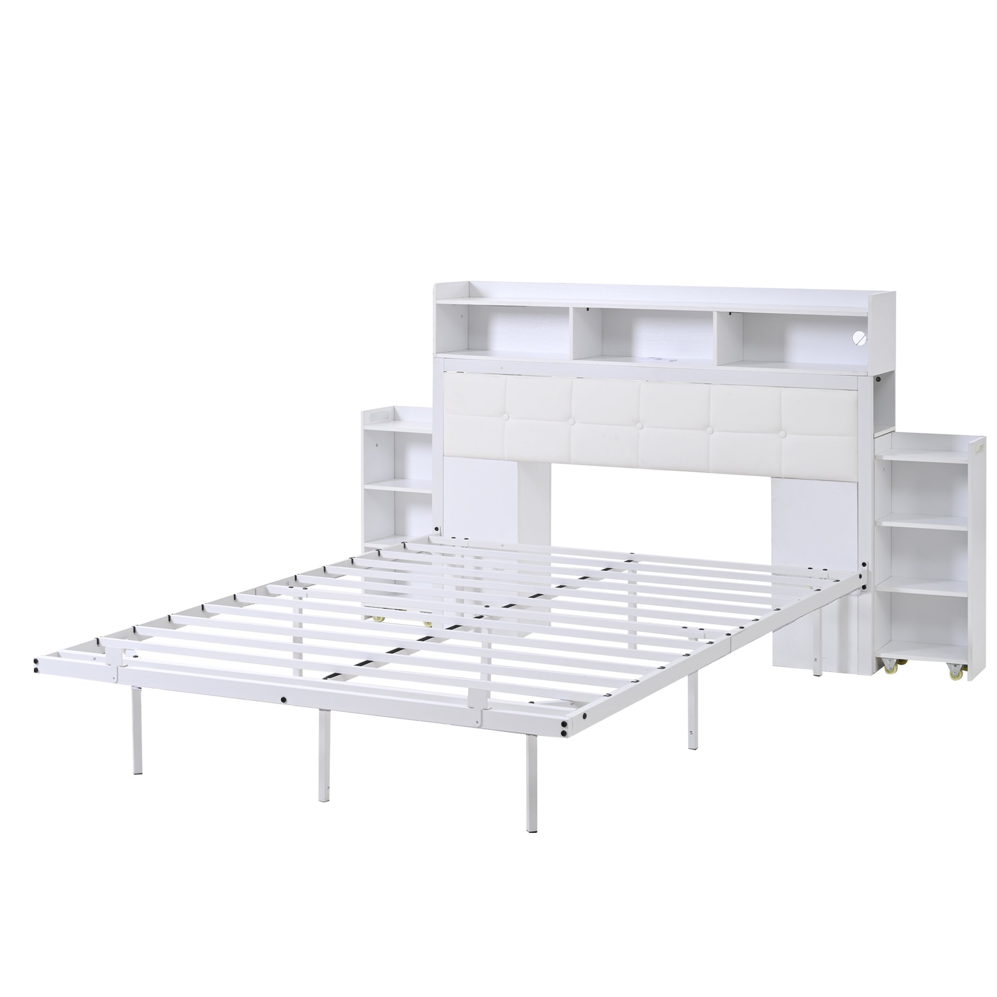 Double Bed 140x190cm 2 Pull-out Nightstands Storage USB/Type-C LED - White