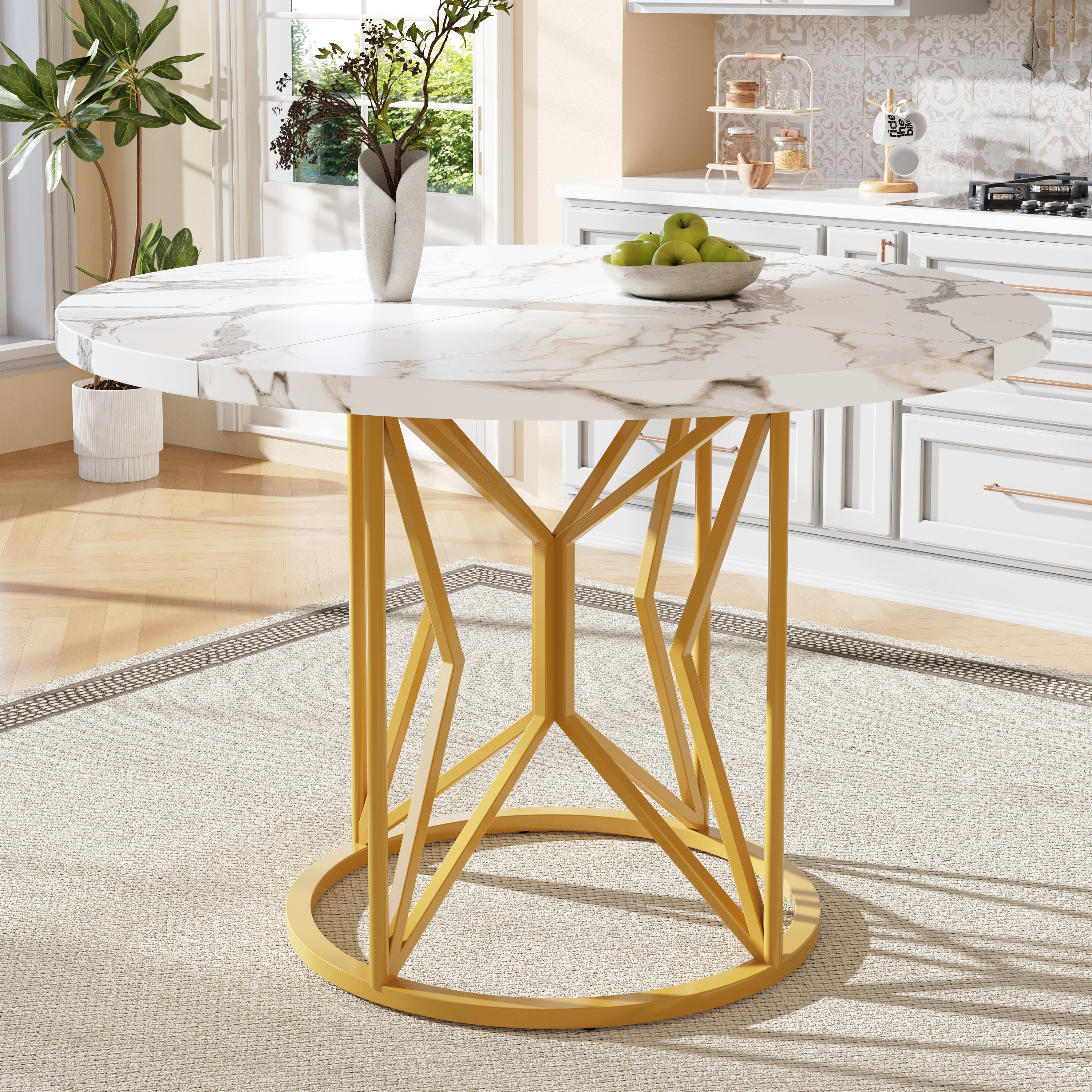 Round Dining Table 100cm Marbled MDF Geometric Metal Legs - Gold Accents