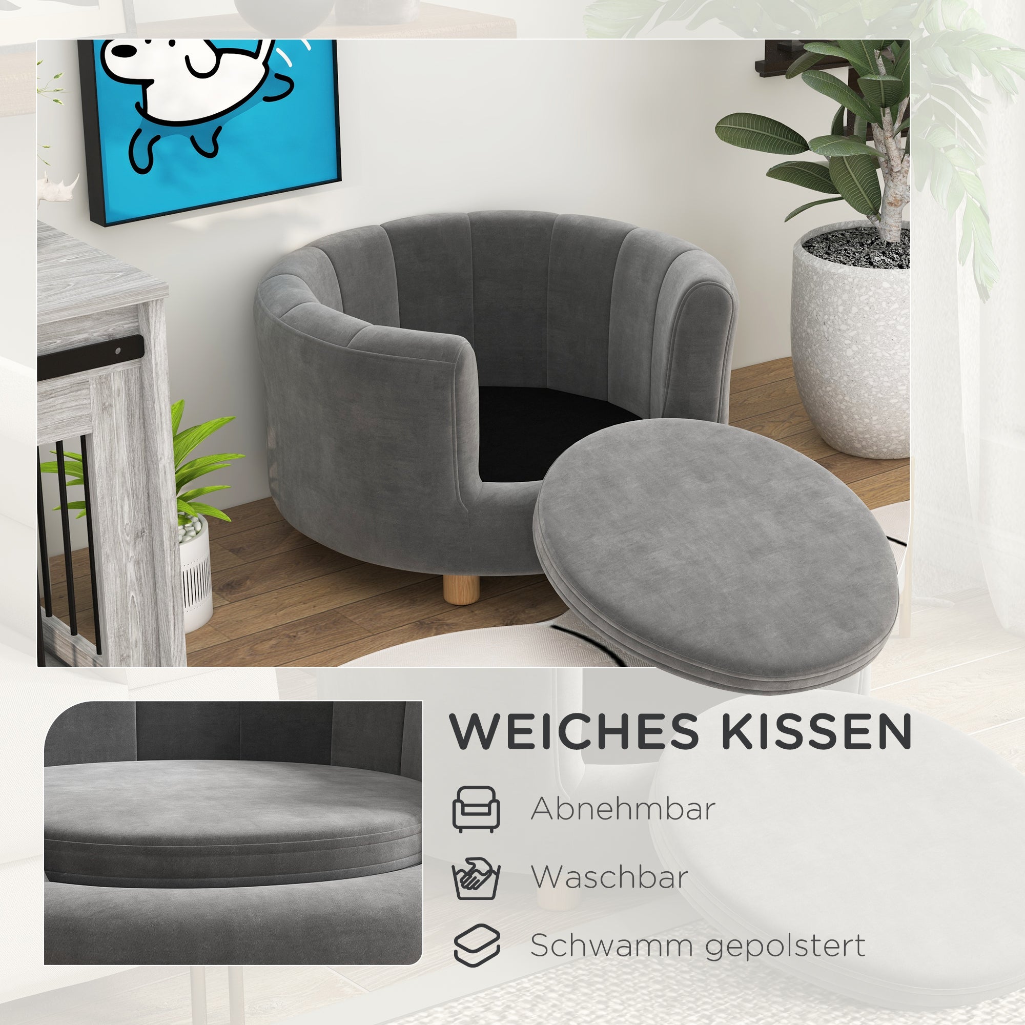 Hundesofa, waschbares Haustiersofa, Holzbeine, Grau