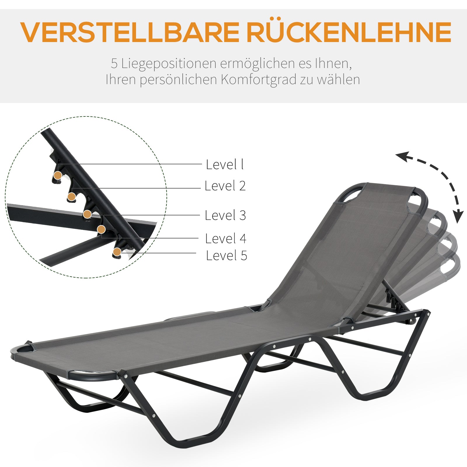 Sun Lounger 5-Level Aluminum Garden Lounger Texteline Grey/Black