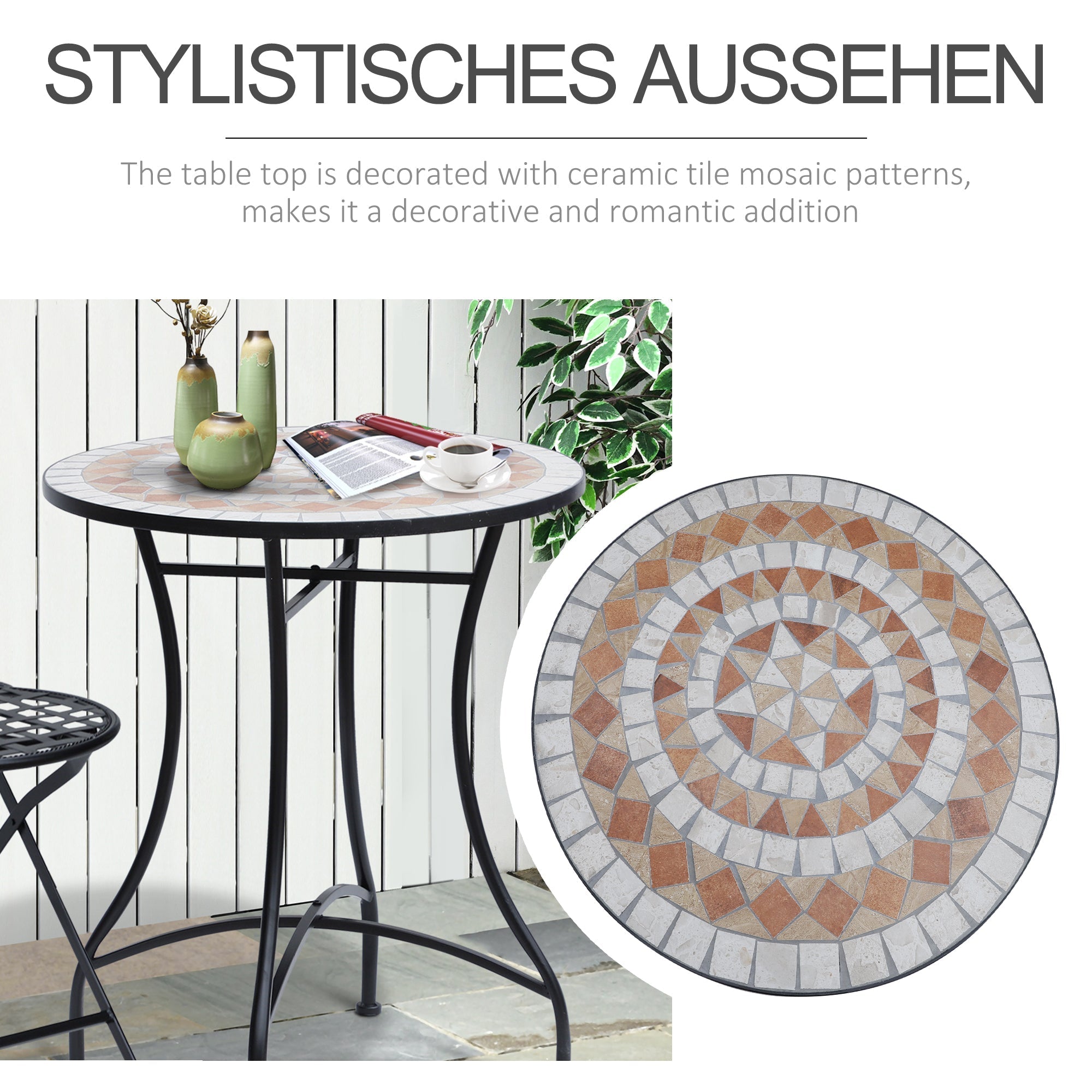 Mosaic Garden Table Round Ø60cm Balcony Side Table Steel Ceramic Orange/White