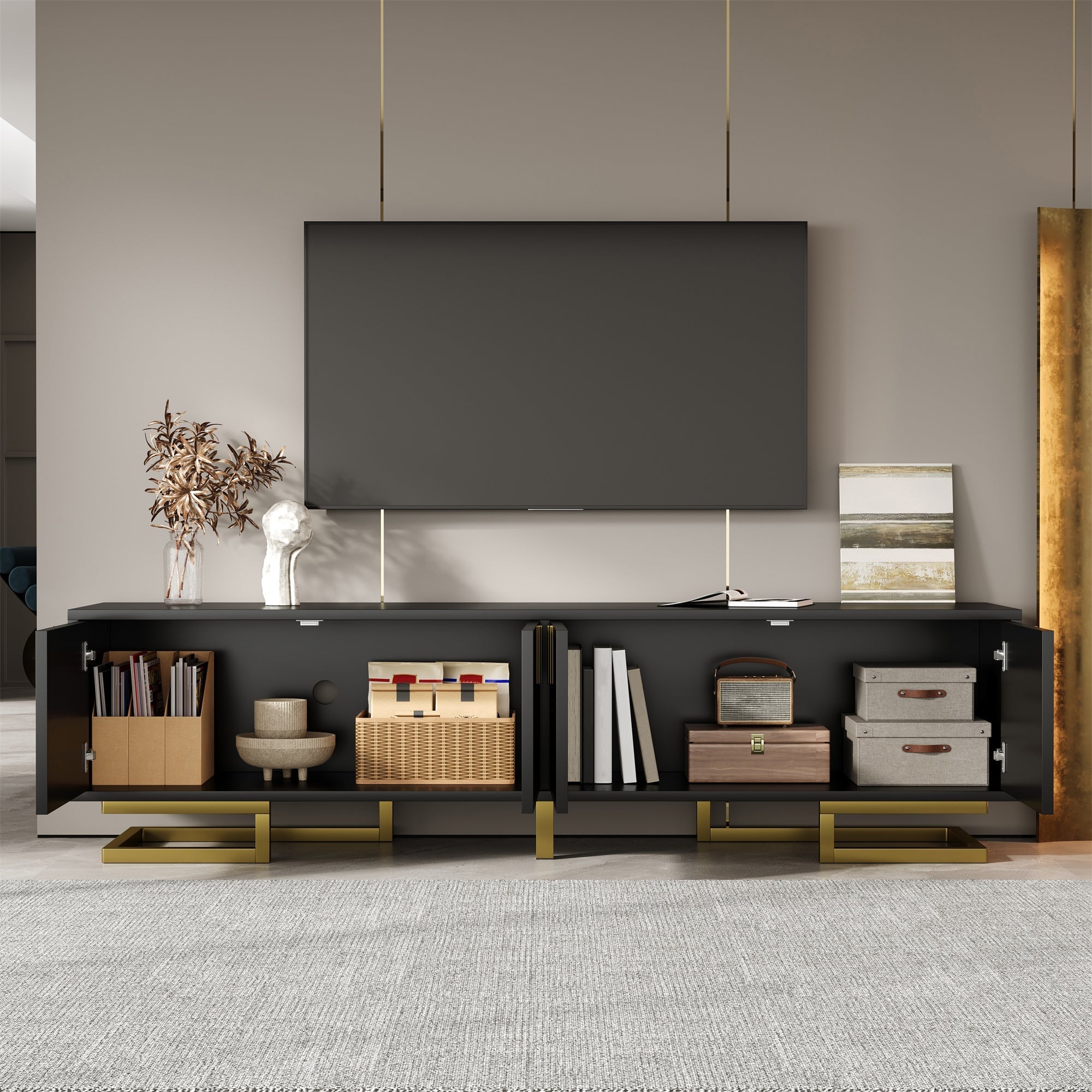 TV Cabinet, Textured Doors with Golden Handles and Legs