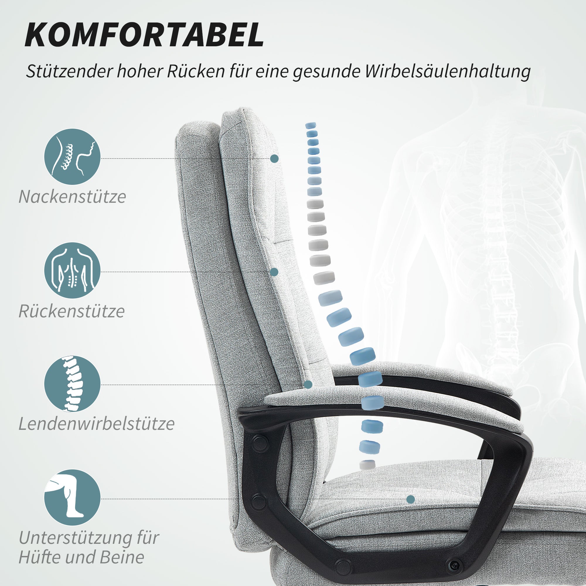 Office Chair Ergonomic Desk Chair with Armrests, Height-Adjustable Swivel with Rocking Function, Padded, Grey