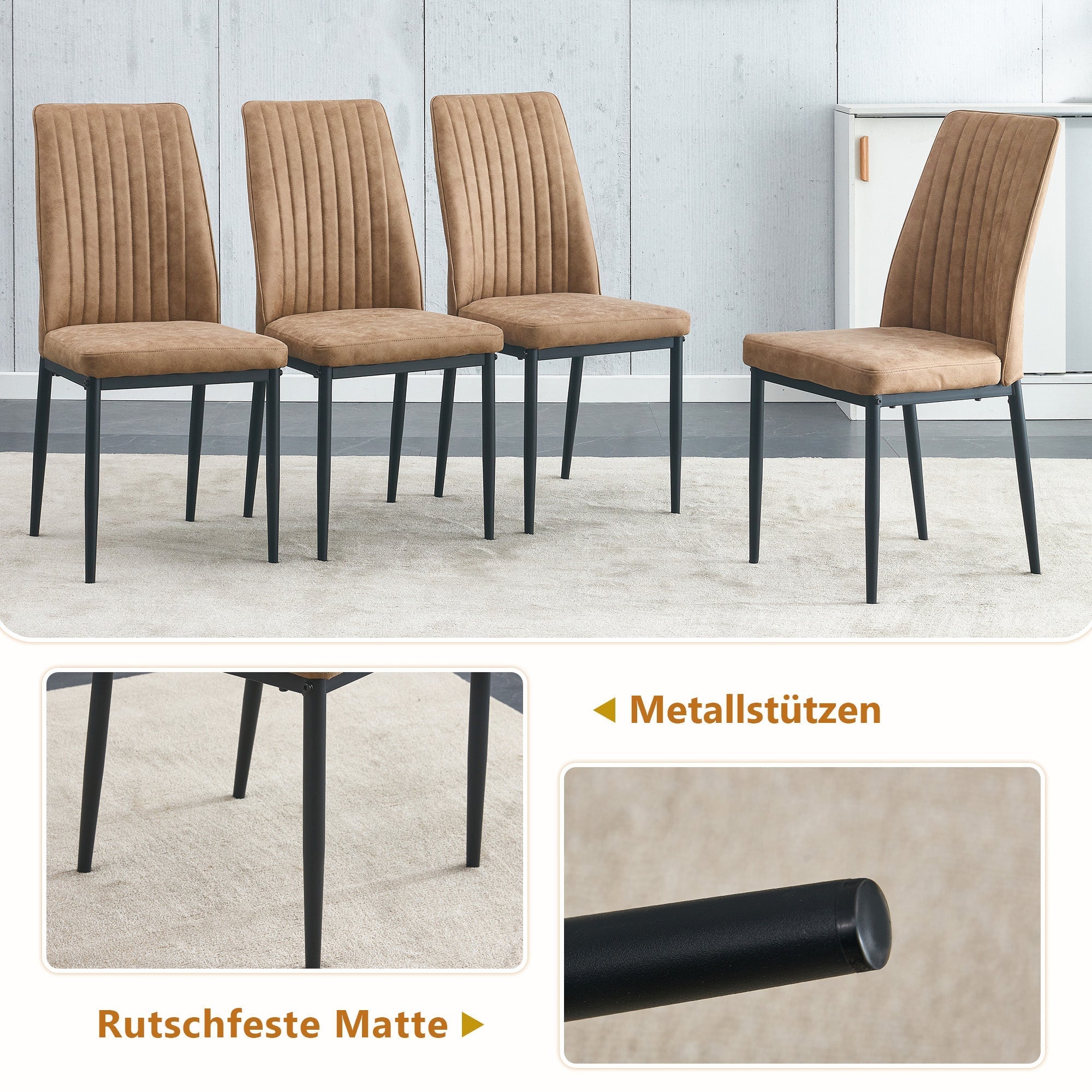 Dining Set Minimalist Glass Table Ø85cm 4 High-Tech Fabric Chairs - Brown