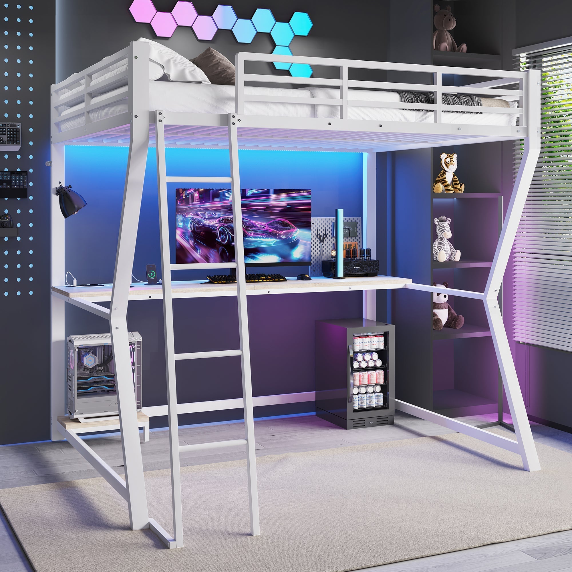 Loft Bed 140x200cm with LED Lights Desk USB/Power Outlet Stairs Storage Shelf White