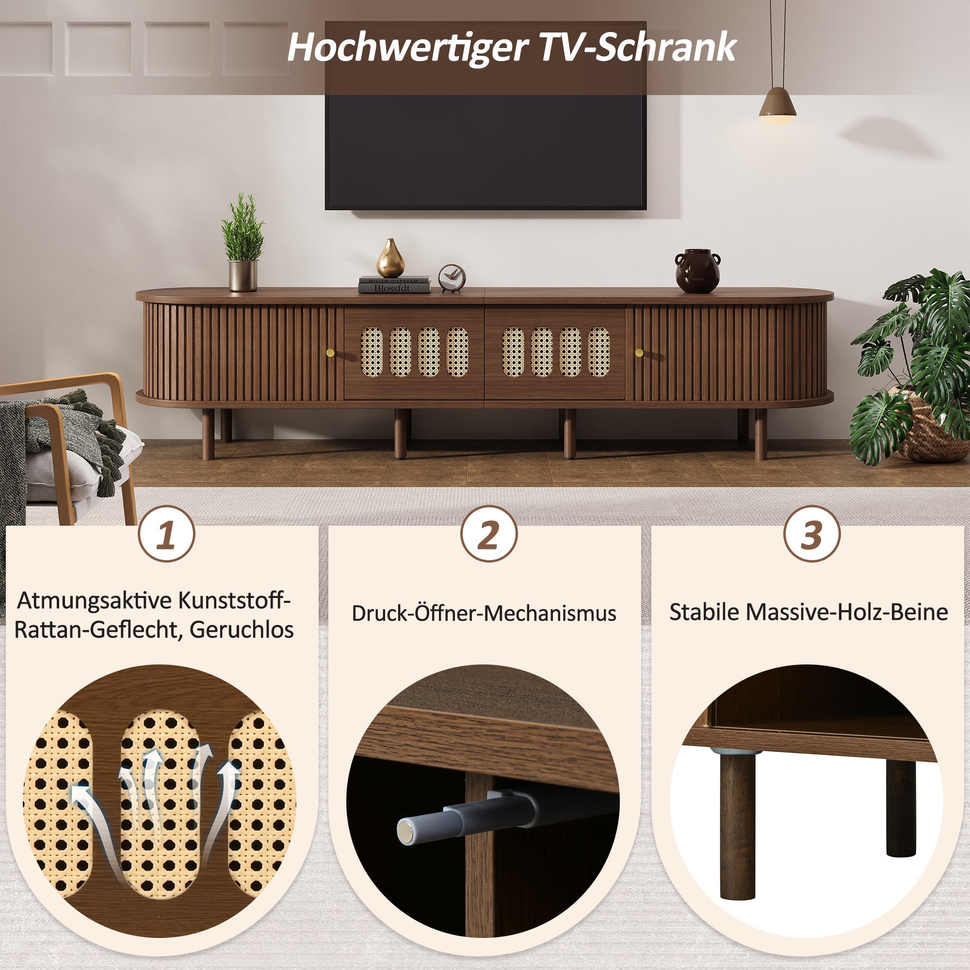 Oval TV Stand Rattan Design 180cm 2 Drawers - Dark Walnut