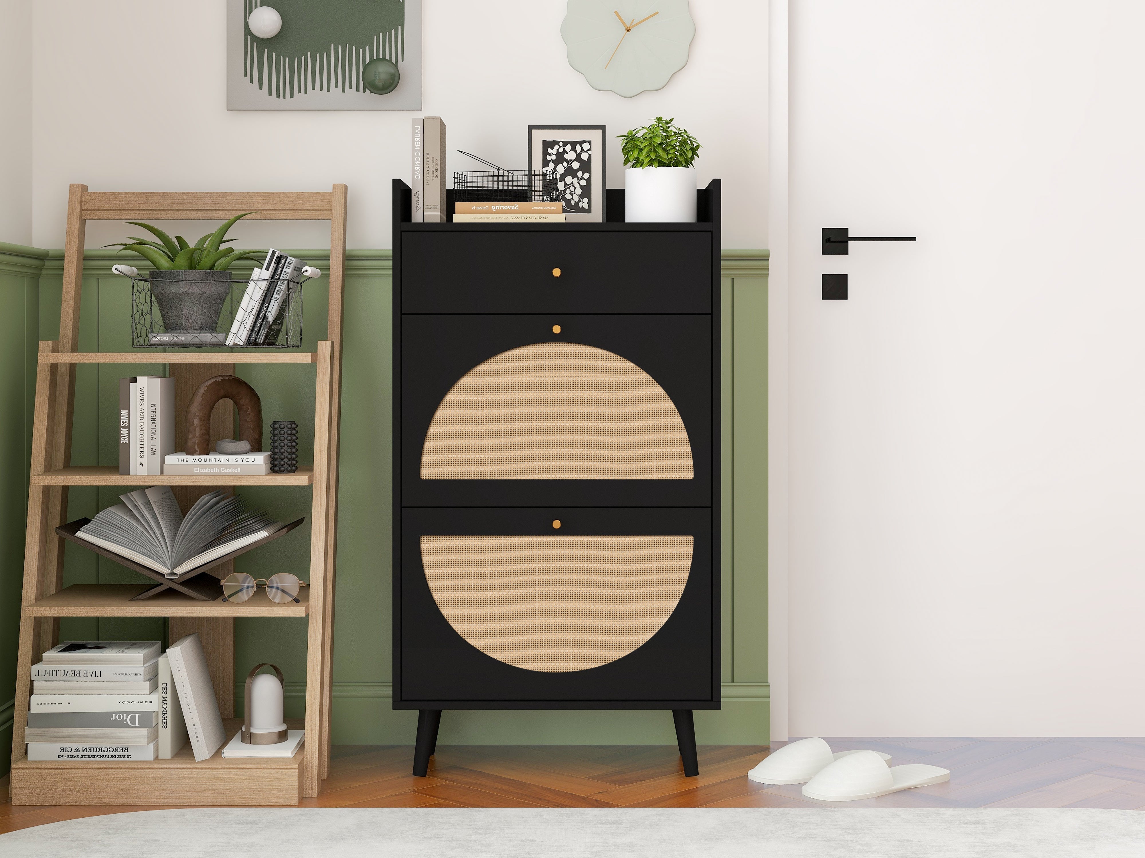 Shoe Cabinet with Two Doors, Drawer, Double Shelf, Black Rattan