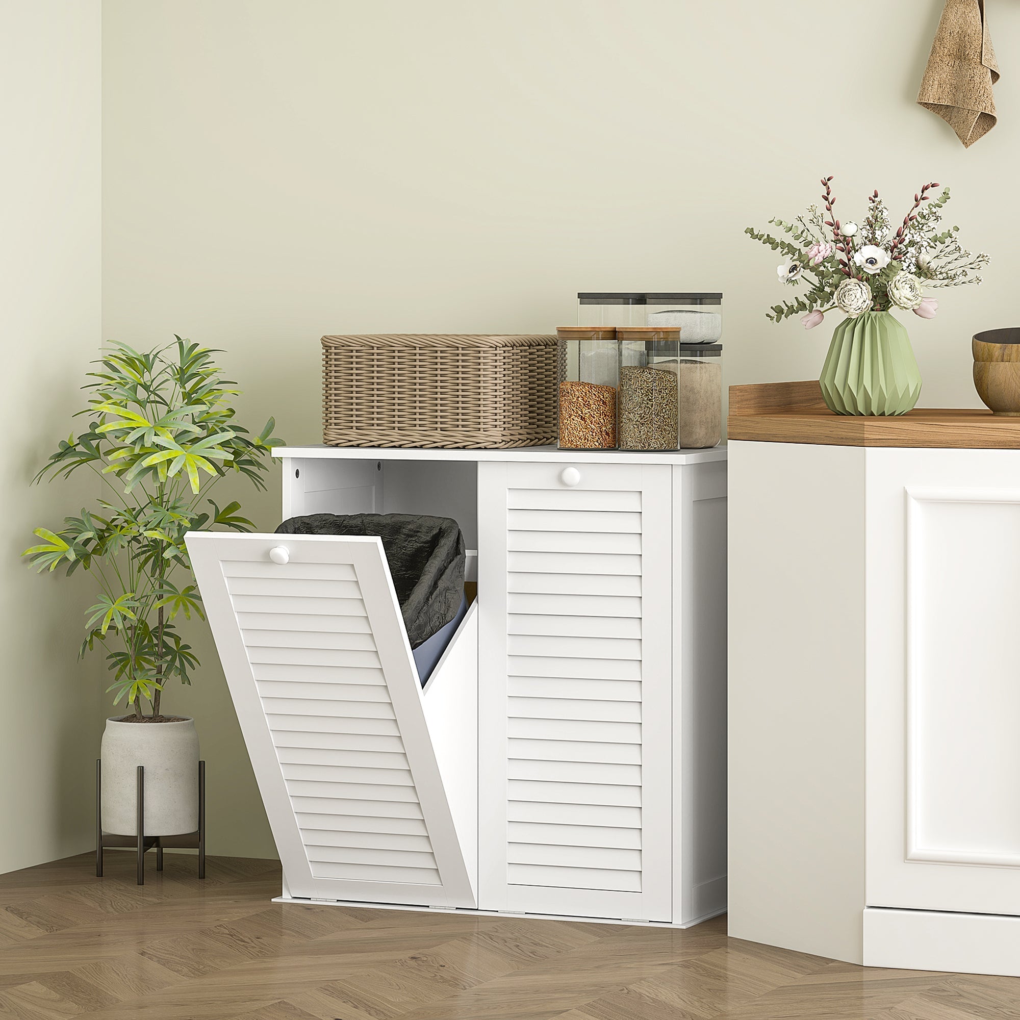Wäscheschrank, 2 Körbe, Lamellentüren, weiß
