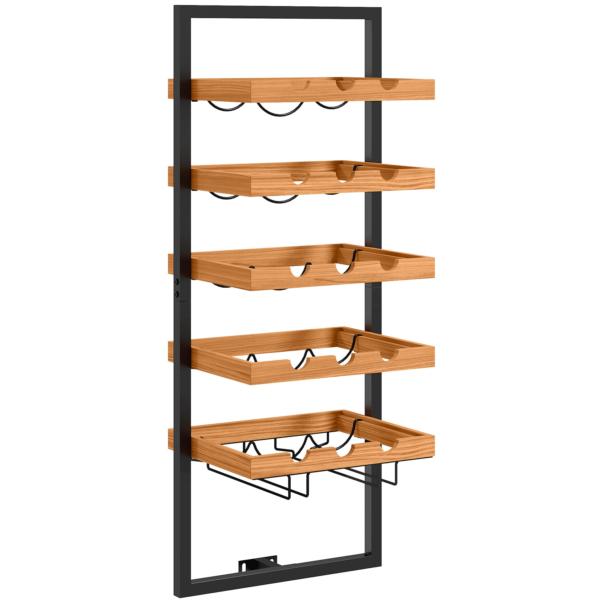 Wall-Mounted Wine Rack, 5 Tiers, 15 Bottles 4 Glasses, Pinewood Steel