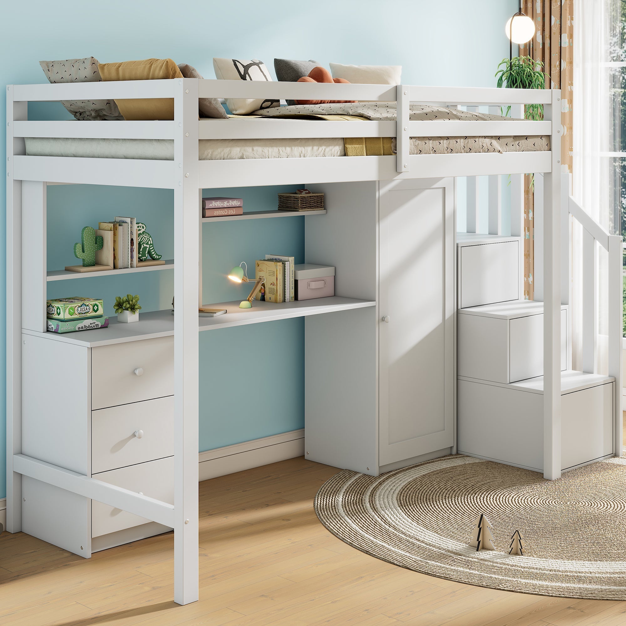 Bunk Bed 90x200cm with Desk, Wardrobe, Stair Storage - White