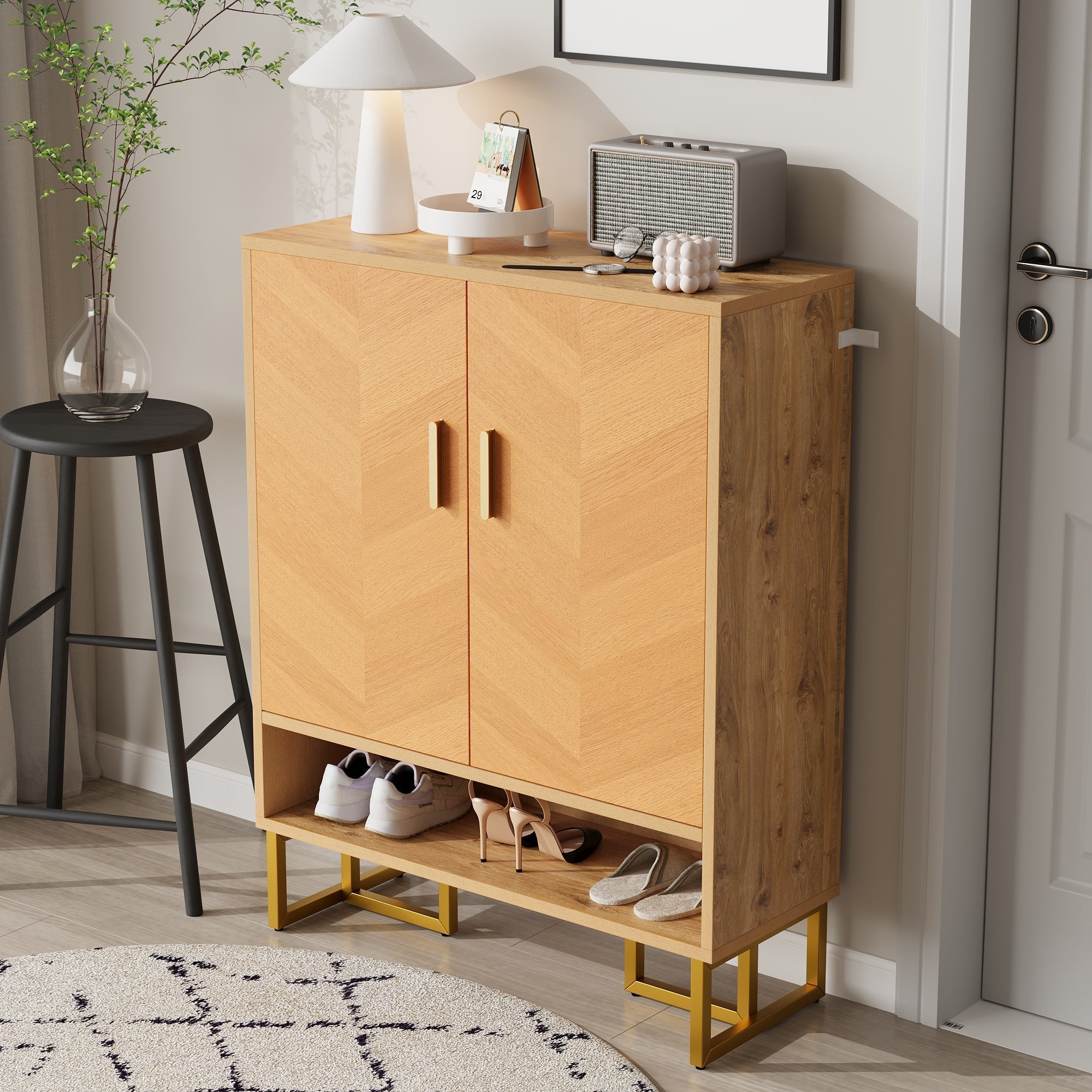 Narrow Shoe Cabinet Modern Minimalist 2-Door Storage - Wood Grain/Golden Frame