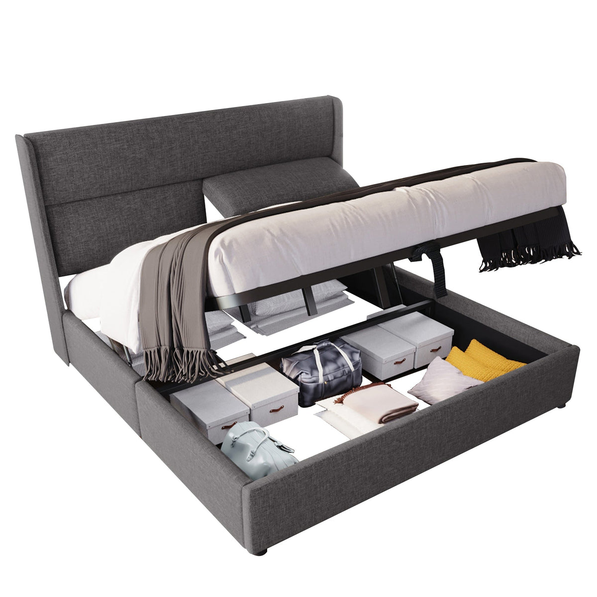 Upholstered Double Bed 140x200cm Hydraulic Storage Adjustable Headrests Metal Slatted Base - Grey Linen
