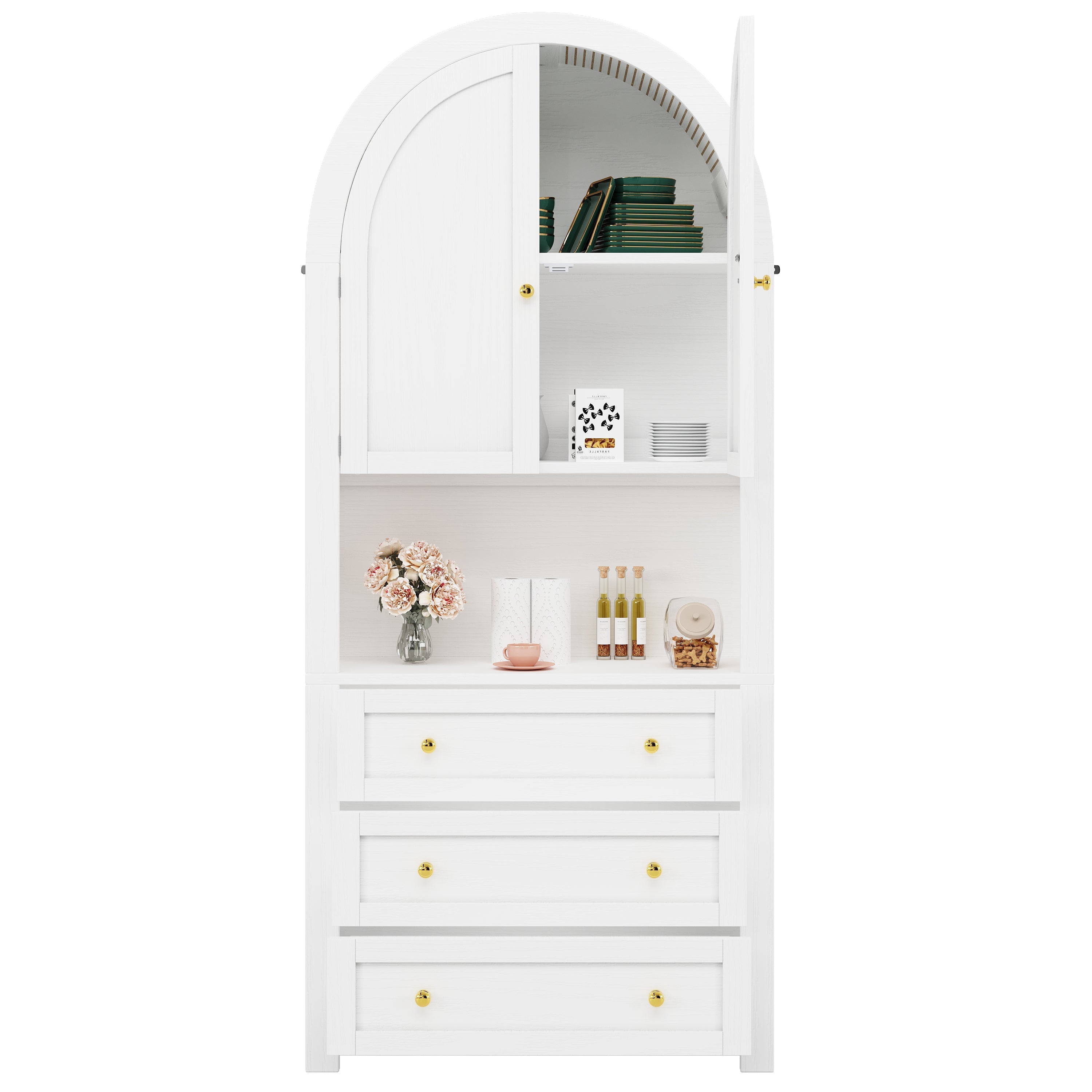 Tall Arched Storage Cabinet Drawers Doors Shelves - White