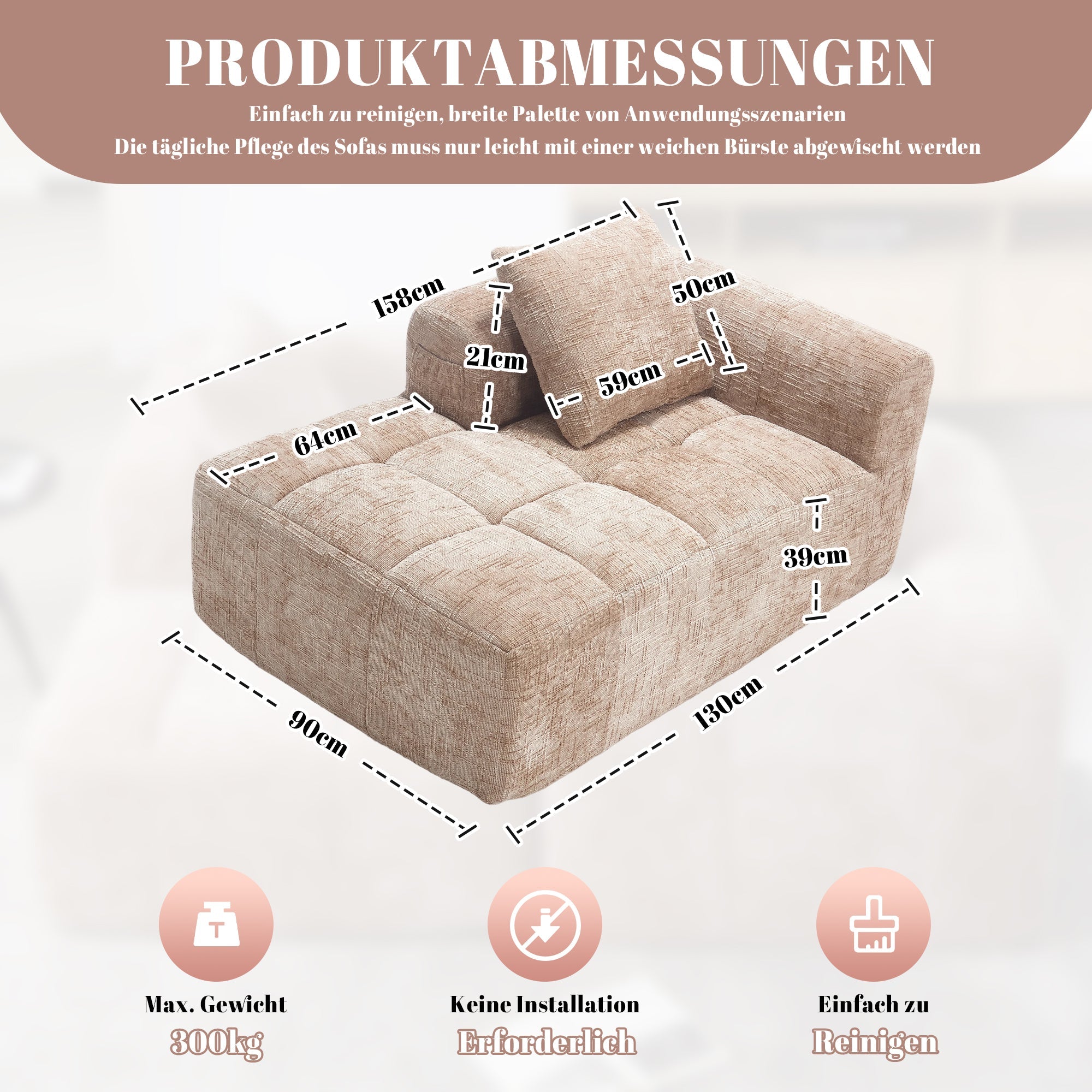 Chaise Longue Sofa, Soft Cushions Side Pockets, Khaki