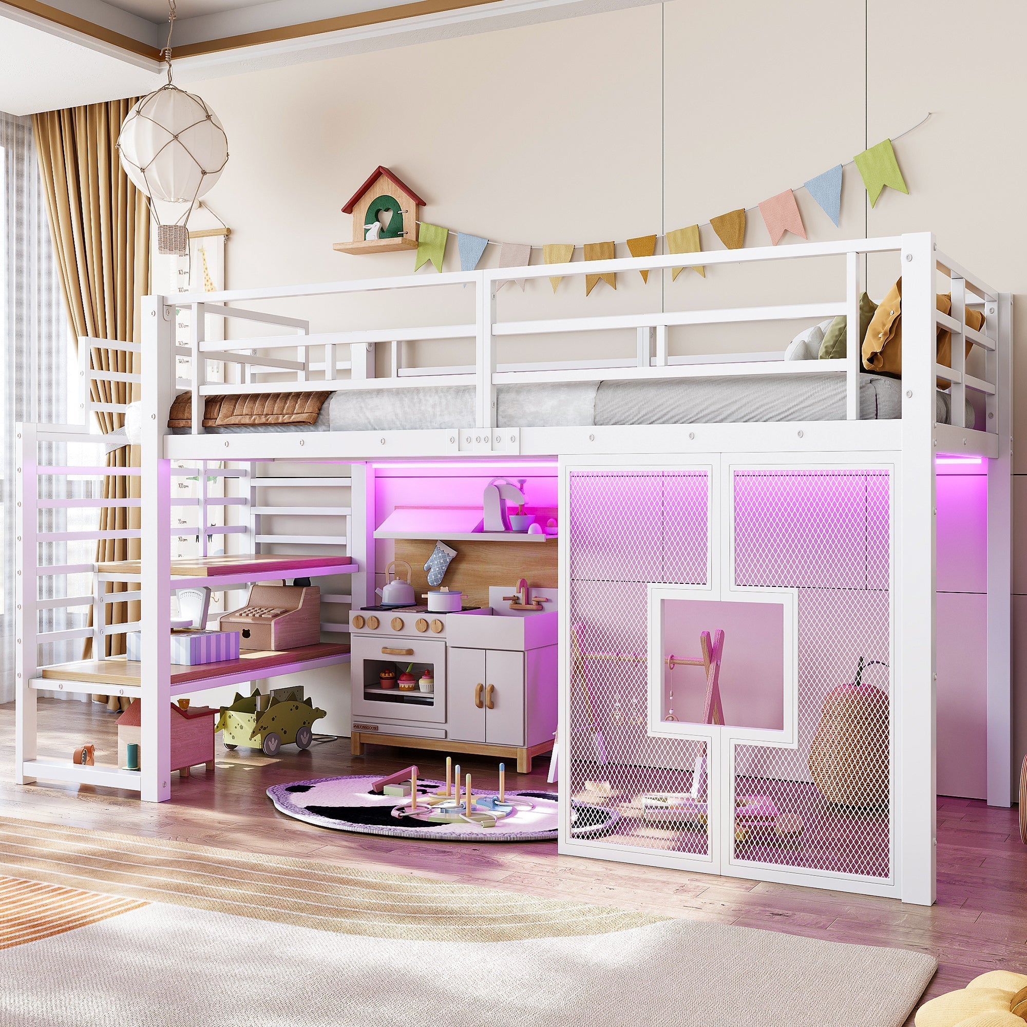 Metal Loft Bed Frame 90x200 cm with Stairs Storage and LED Lighting, White
