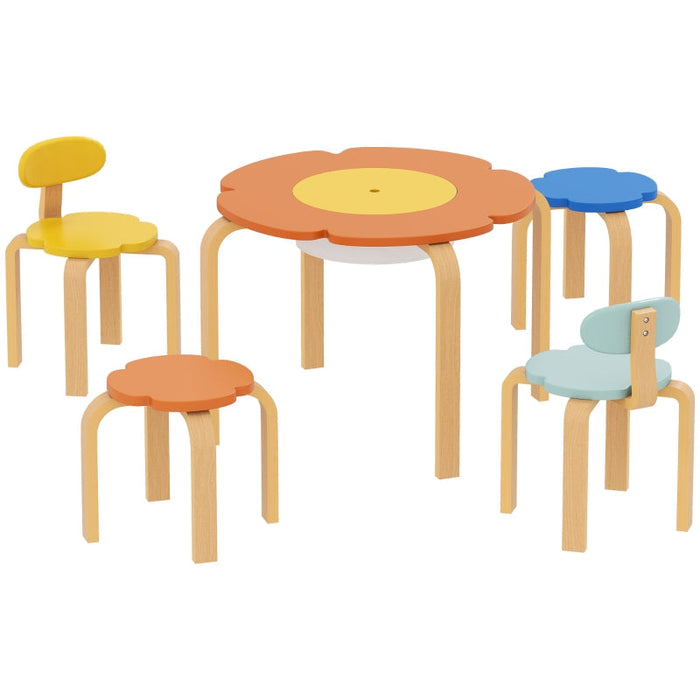 Children's Table and Chair Set 5-Piece Flower Shape Storage Bag - Wood Colorful