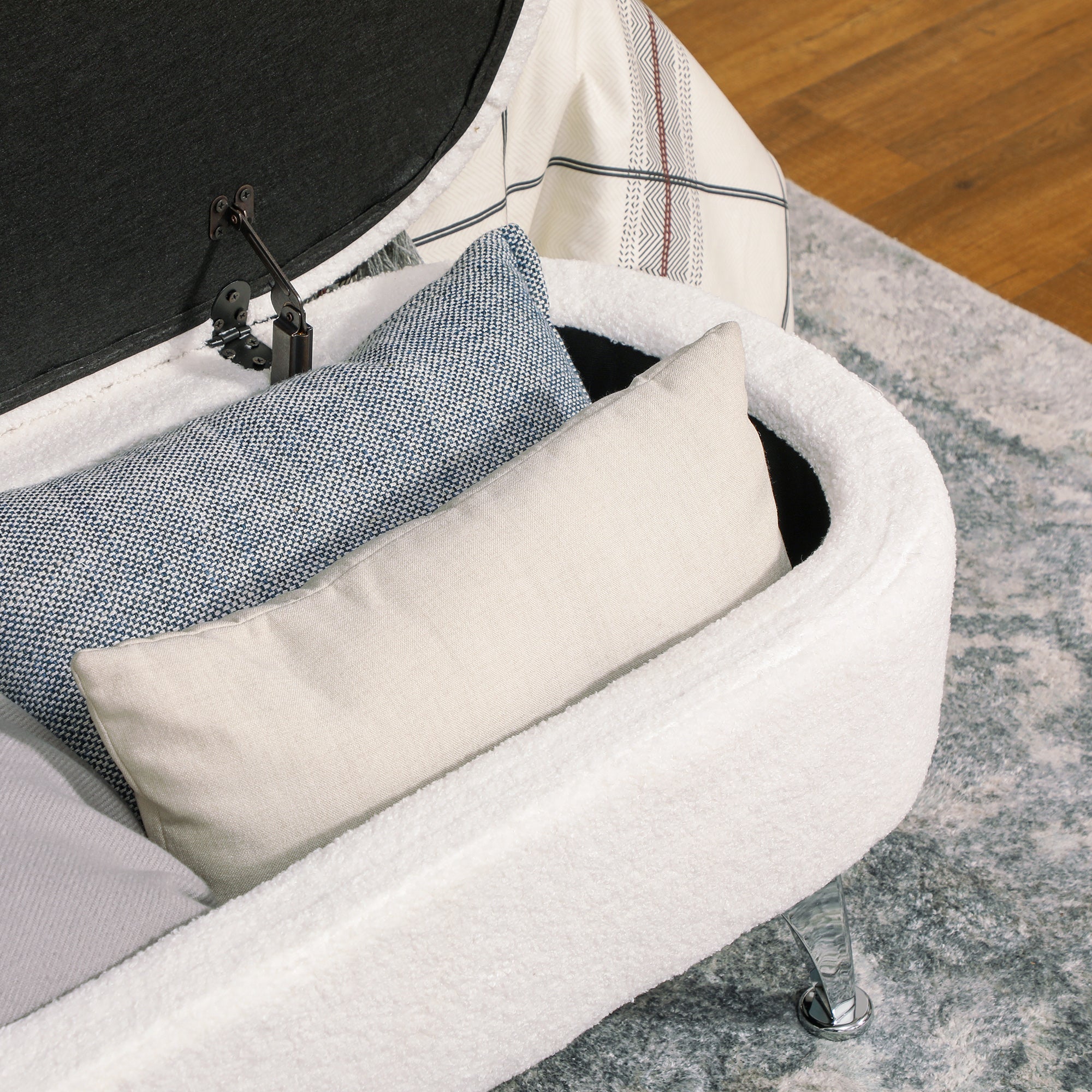 Bench with Storage, Upholstered with Lid, Metal Frame, White
