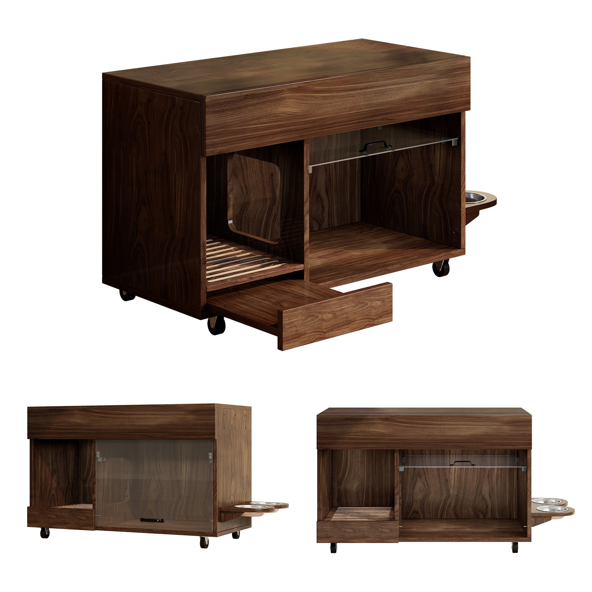 Mobile Cat Litter Box Cabinet with Food Bowls, Sand Tray, Pegboard - Walnut