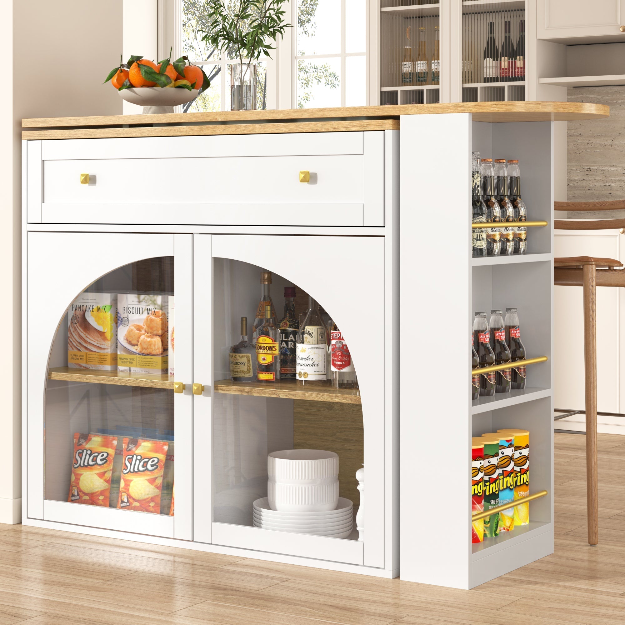 Bar Table Extendable 360° Rotating Storage with Shelves & Glass - White