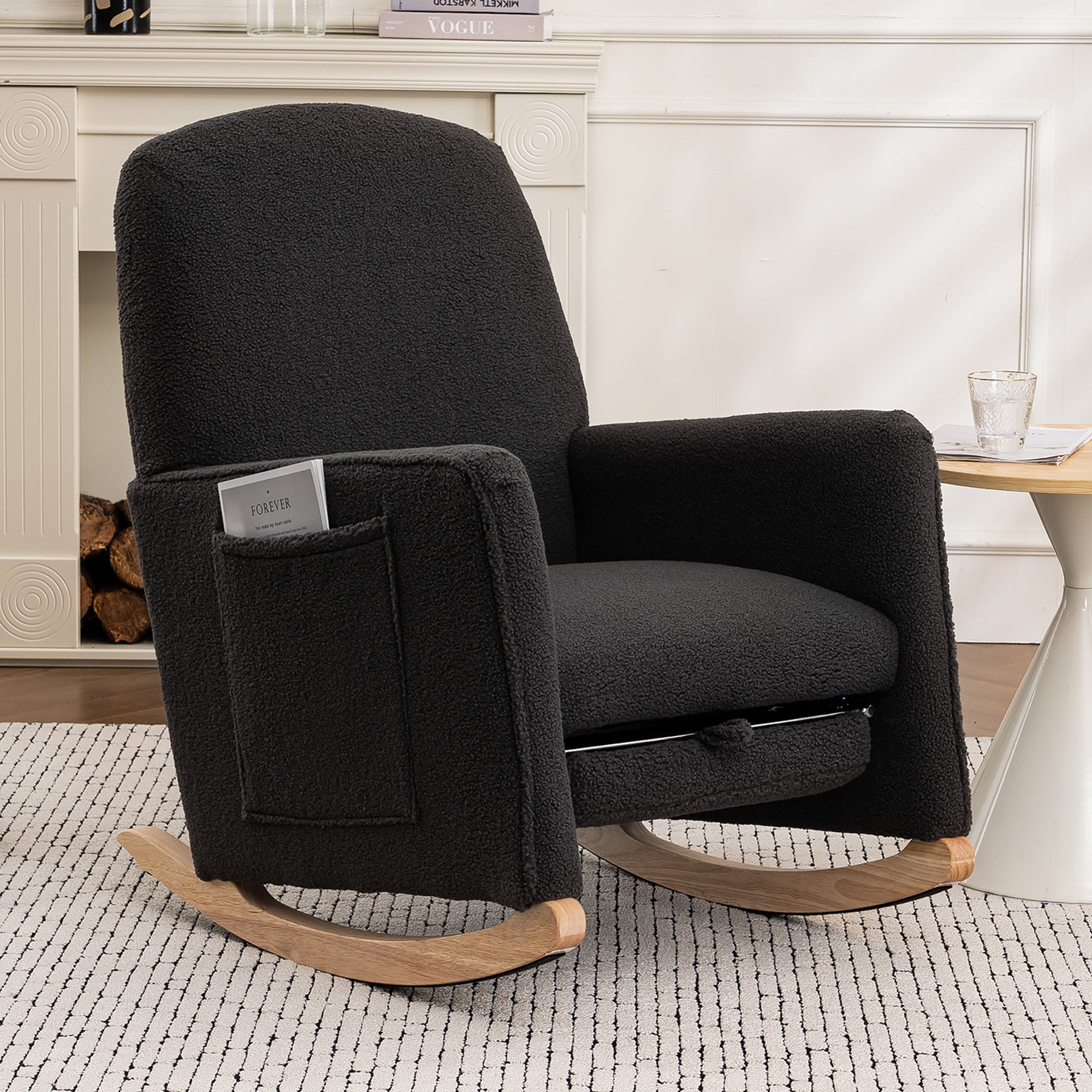 Rocking Chair with Stool, Recliner, High Back, Dark Grey Teddy Fabric