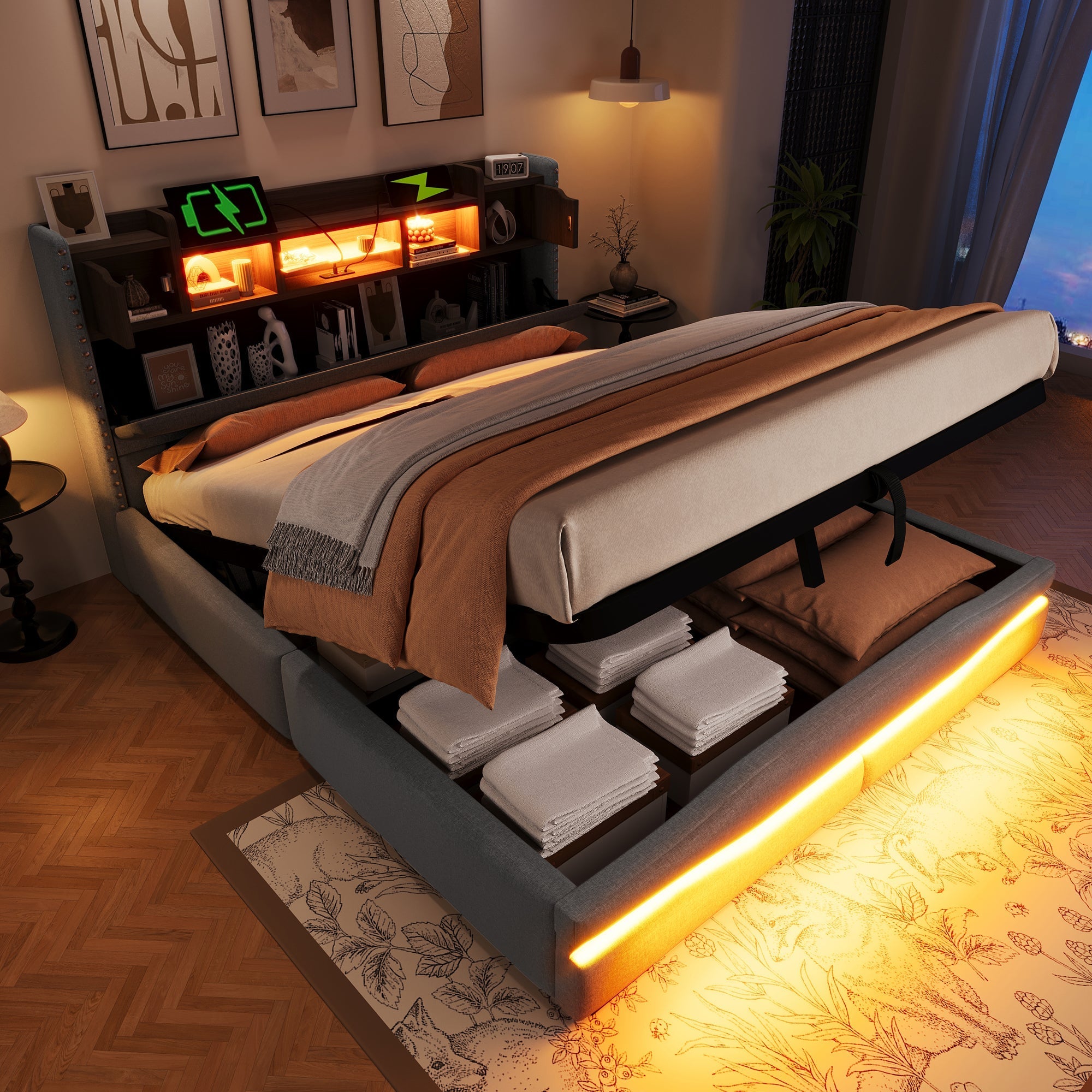 Upholstered Bed 160x200cm Hydraulic Storage LED USB-C Headboard Grey