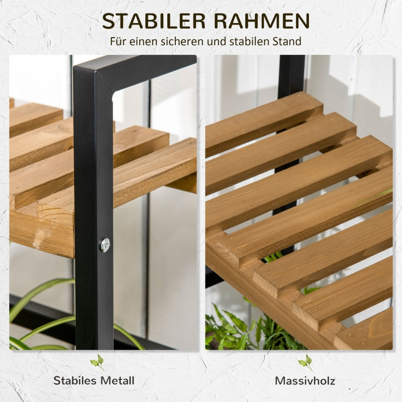 Plant Stand with 3 Tiers and Mounting Hooks, Natural Wood