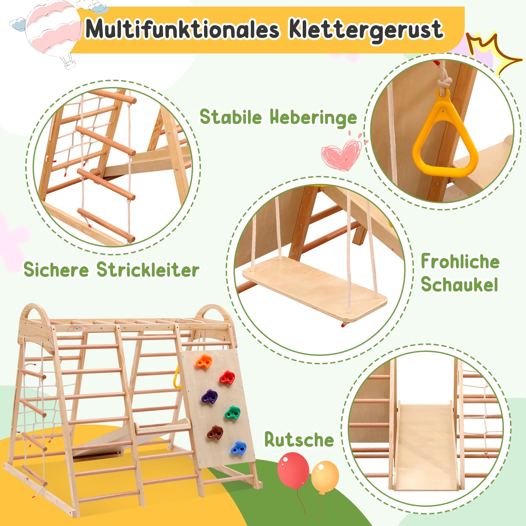 7-in-1 multifunctional climbing frame, solid wood plywood and beechwood