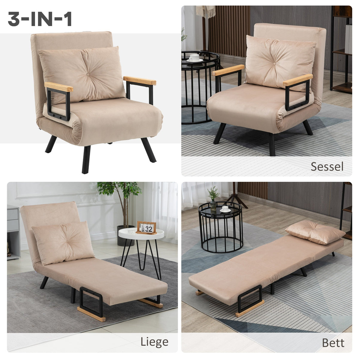 Sofa Bed/Recliner Guest Bed Adjustable Backrest, Velvet Beige
