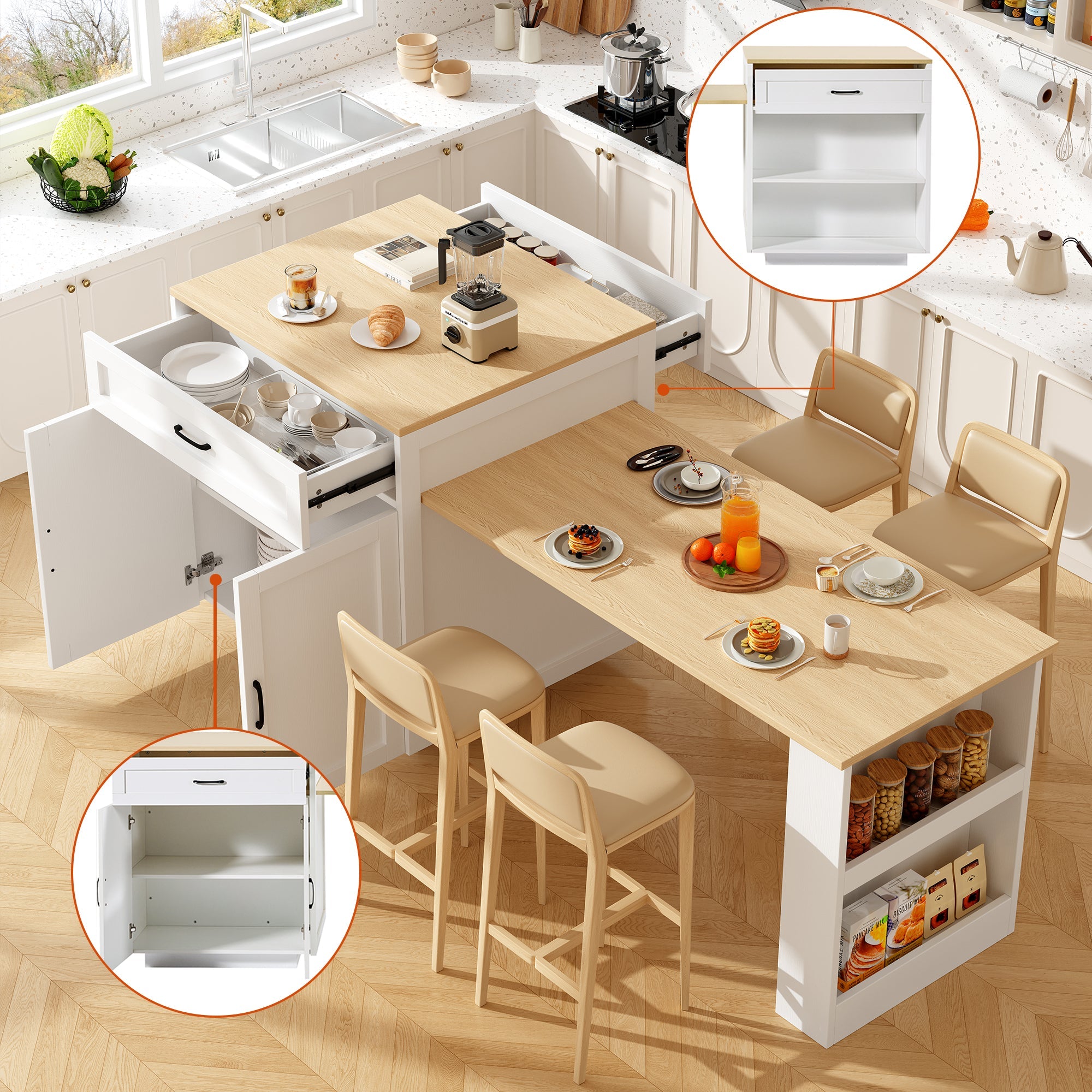 Extendable Bar Table 133-202cm with Storage, 2 Drawers & Side Shelves - White