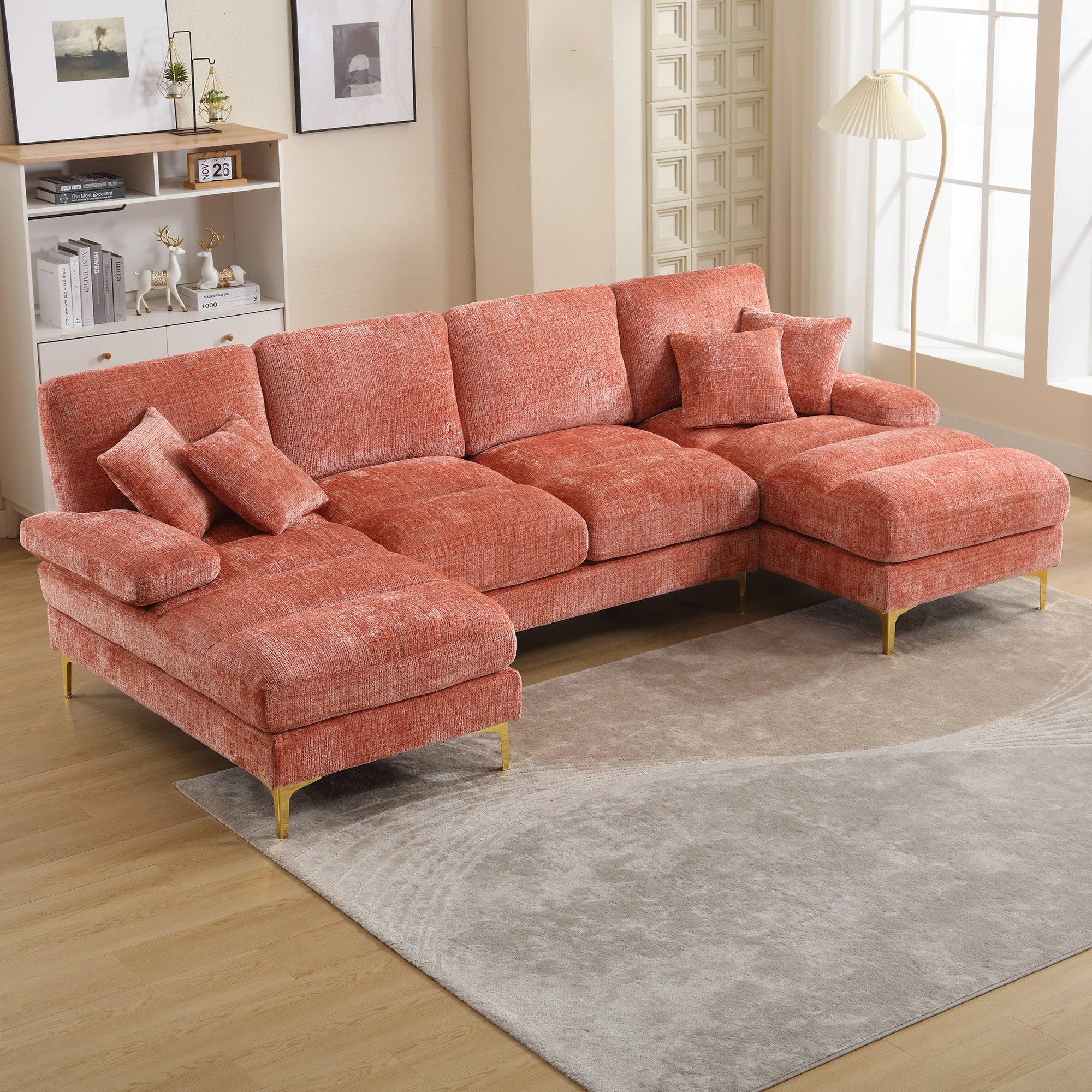 U-Shape Sectional Sofa, Large Double Reclining Seats, Chenille Pink
