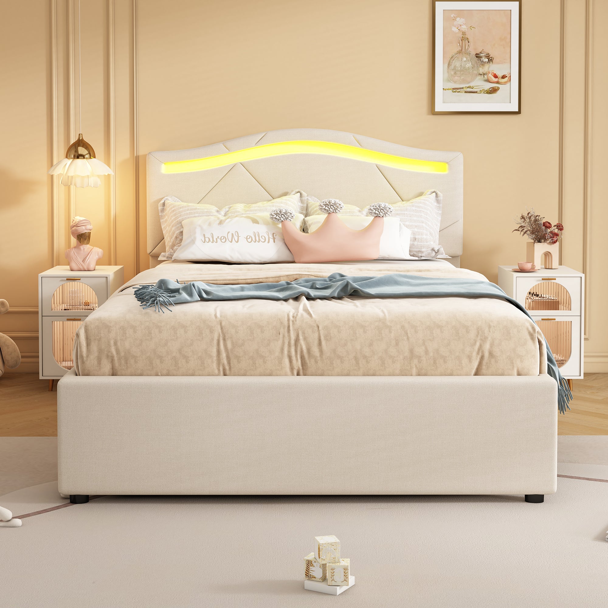 Upholstered Bed 90x200cm LED Lights 2-Drawer Adjustable Headboard Beige Linen