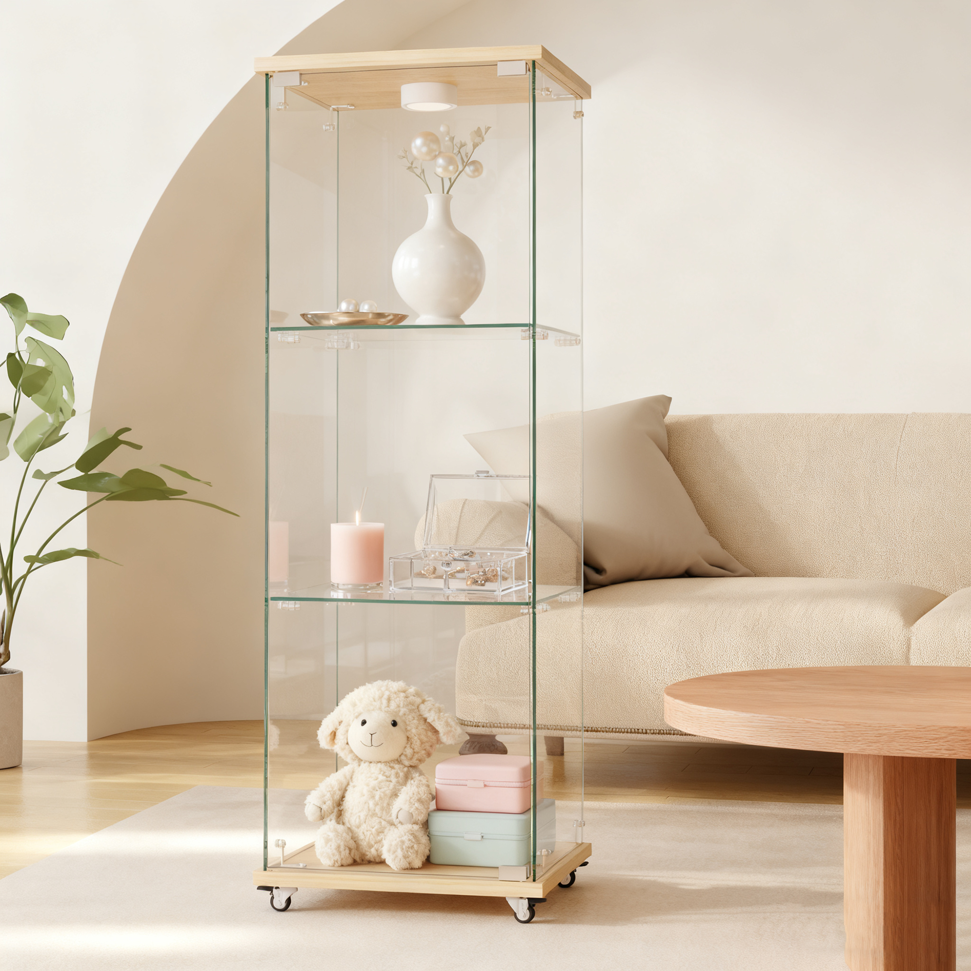 Display Cabinet Modern LED Tempered Glass Single Door 3-Tier - Natural Wood Look