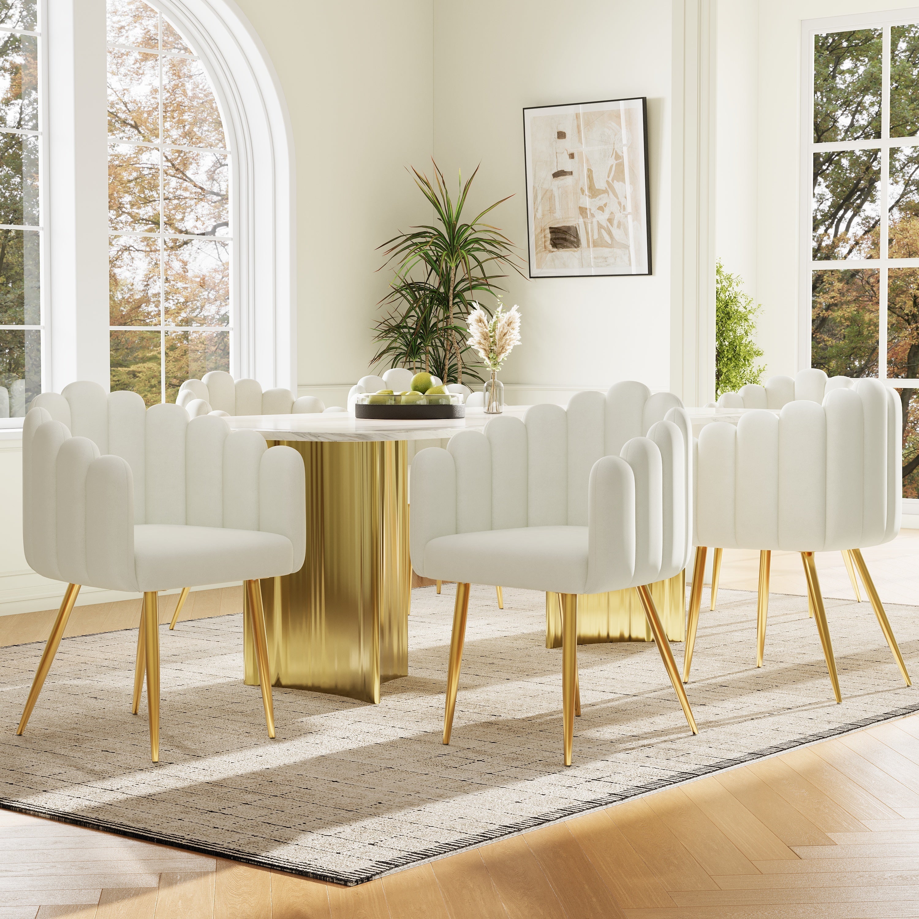 Dining Chair Set of 6 Fan-Shaped Gold Legs Adjustable - Velour
