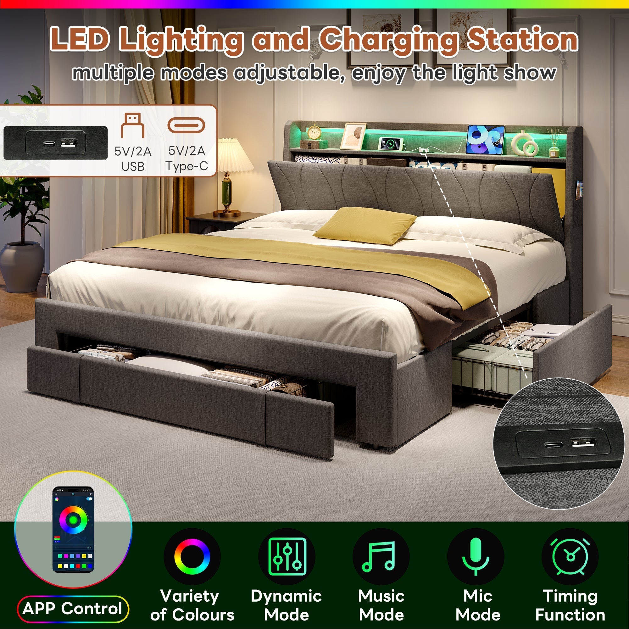 4ft6 Double Upholstered Bed, 3 Storage Drawers LED Headboard Charging Station, Linen Grey