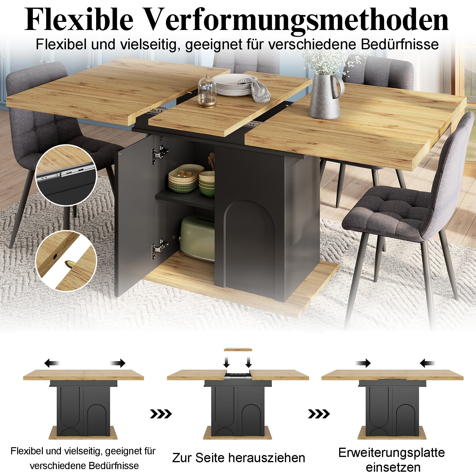 Telescopic Dining Table 110-140x80cm Extendable Foldable Storage Cabinet