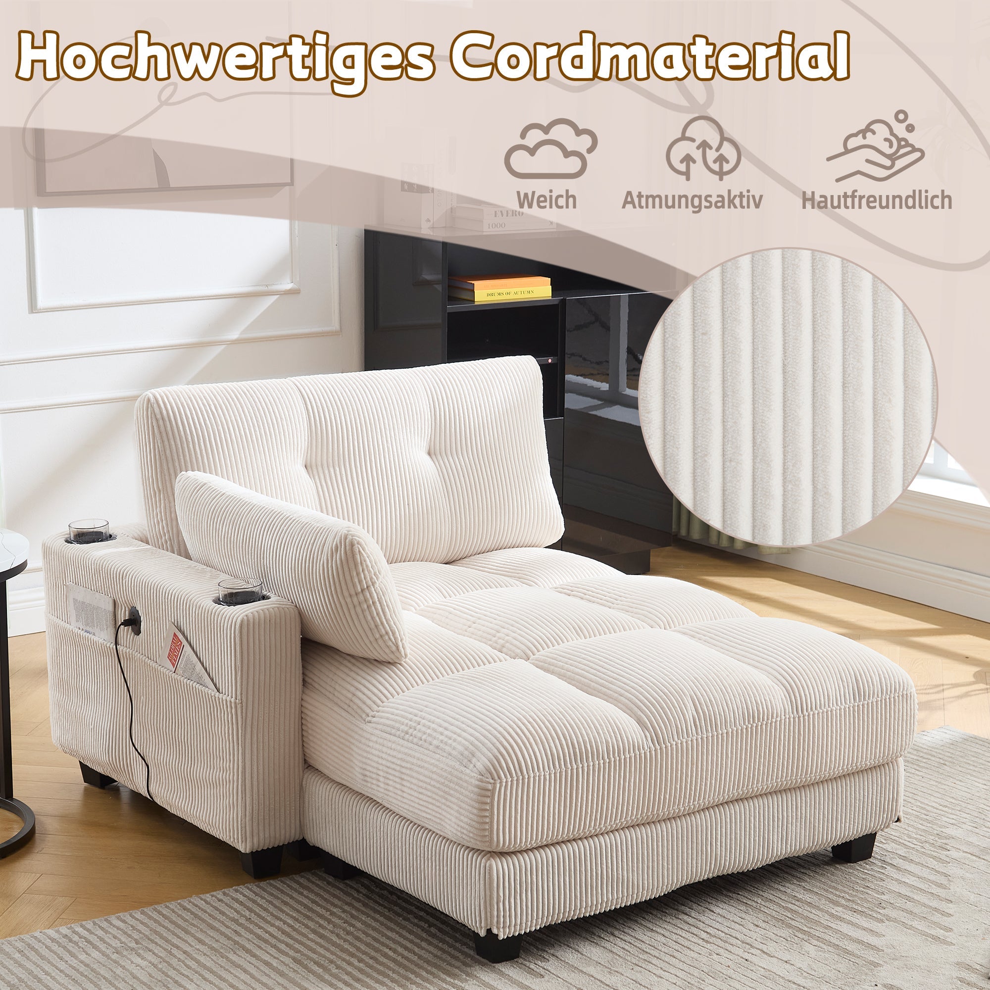 Palm Chair, Fluffy Striped Upholstery with Rolling Cushions & Side Pocket, Beige