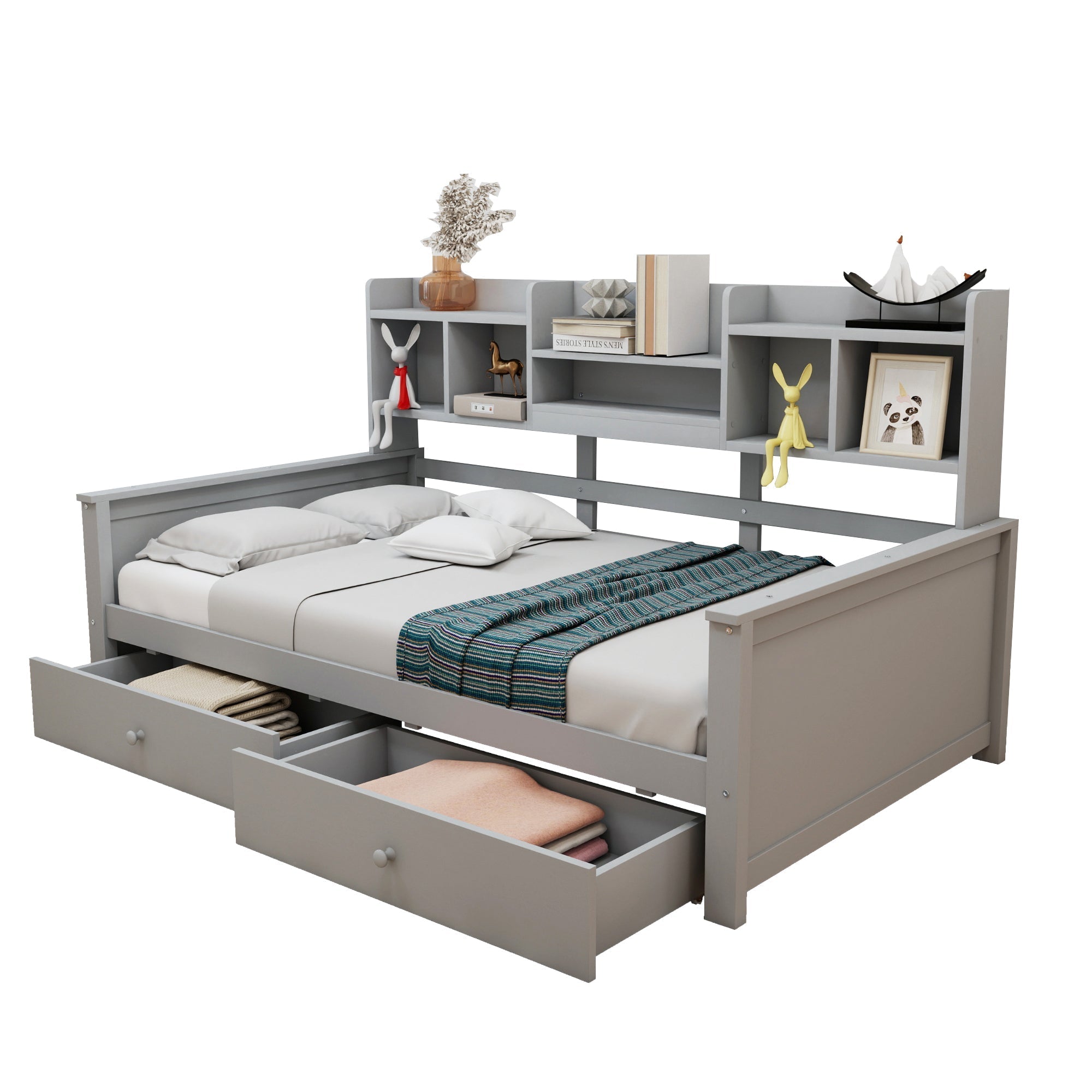 Single Sofa Bed 90x200 with Drawers, Shelves and Slatted Frame, Solid Wood Grey