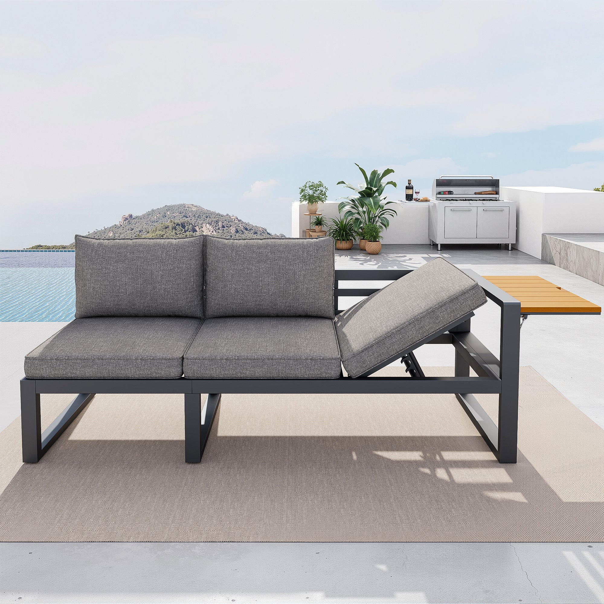 Modular Outdoor Sofa Set with Adjustable Backrest and Metal Ice Bucket, Grey/Beige