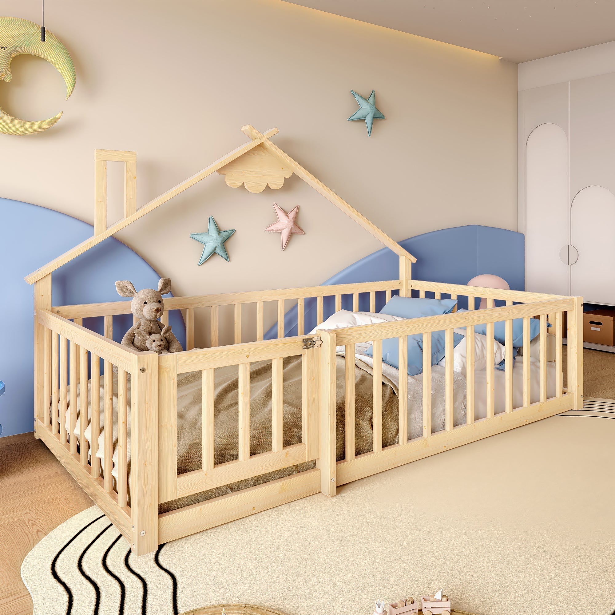 Flatbed 90x190cm House Rail Lockable Railing - Natural Pine Wood