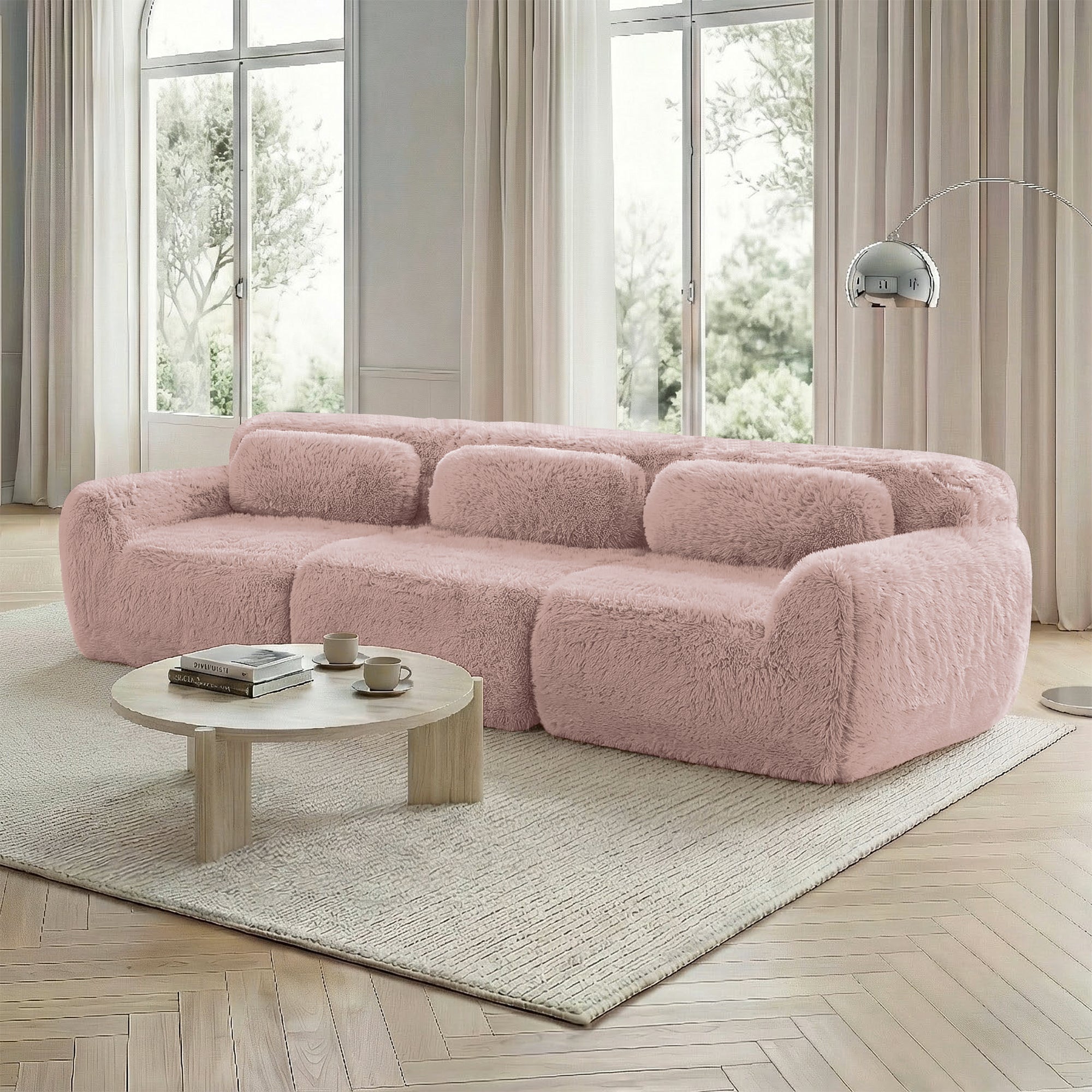 3-seater Deep Sofa Modular Plush Fabric with Cushions - Pink