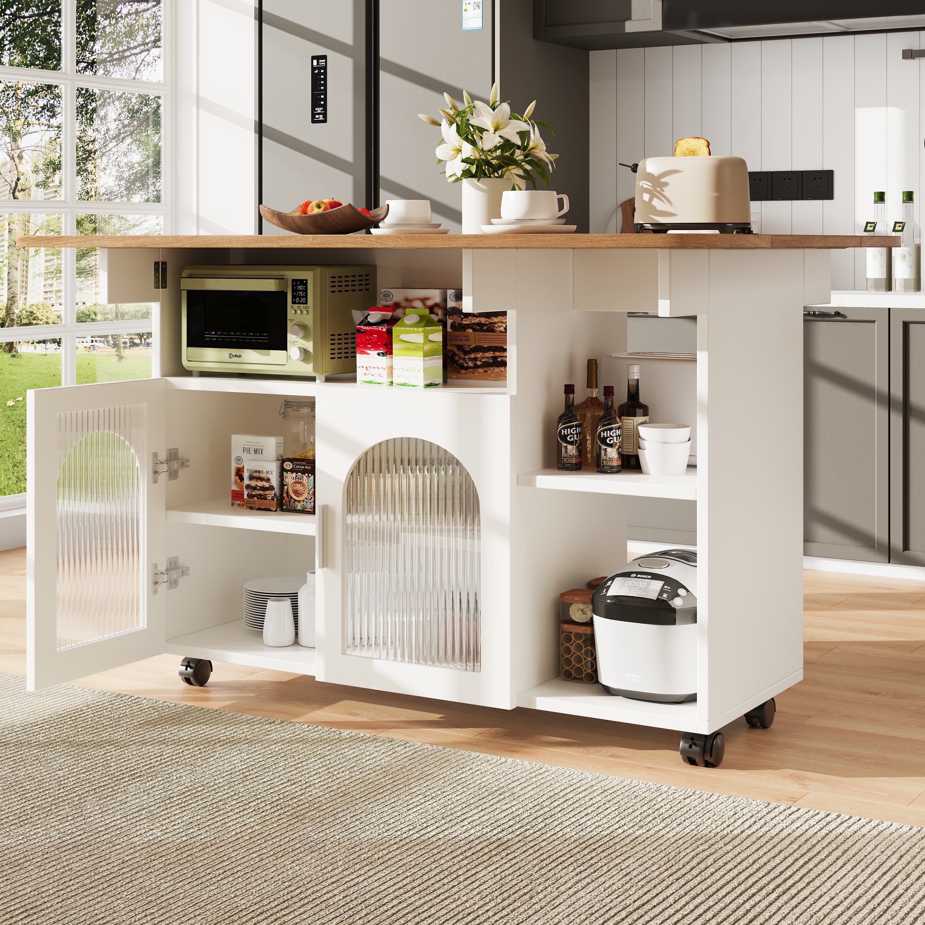 Kitchen Island Dining Cart - Multifunctional Storage, Removable - White Wood Grain