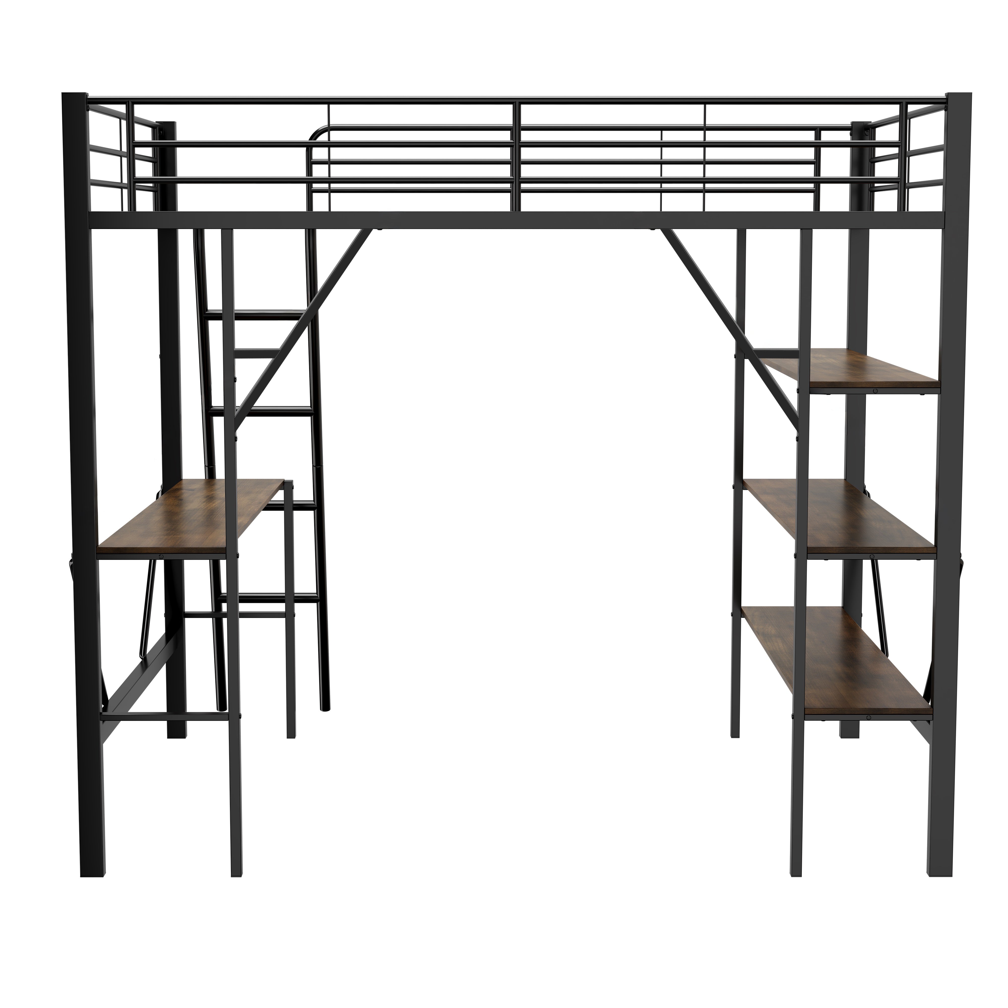 Loft Bed 90x200cm Iron Frame with Desk 3 Shelves Black